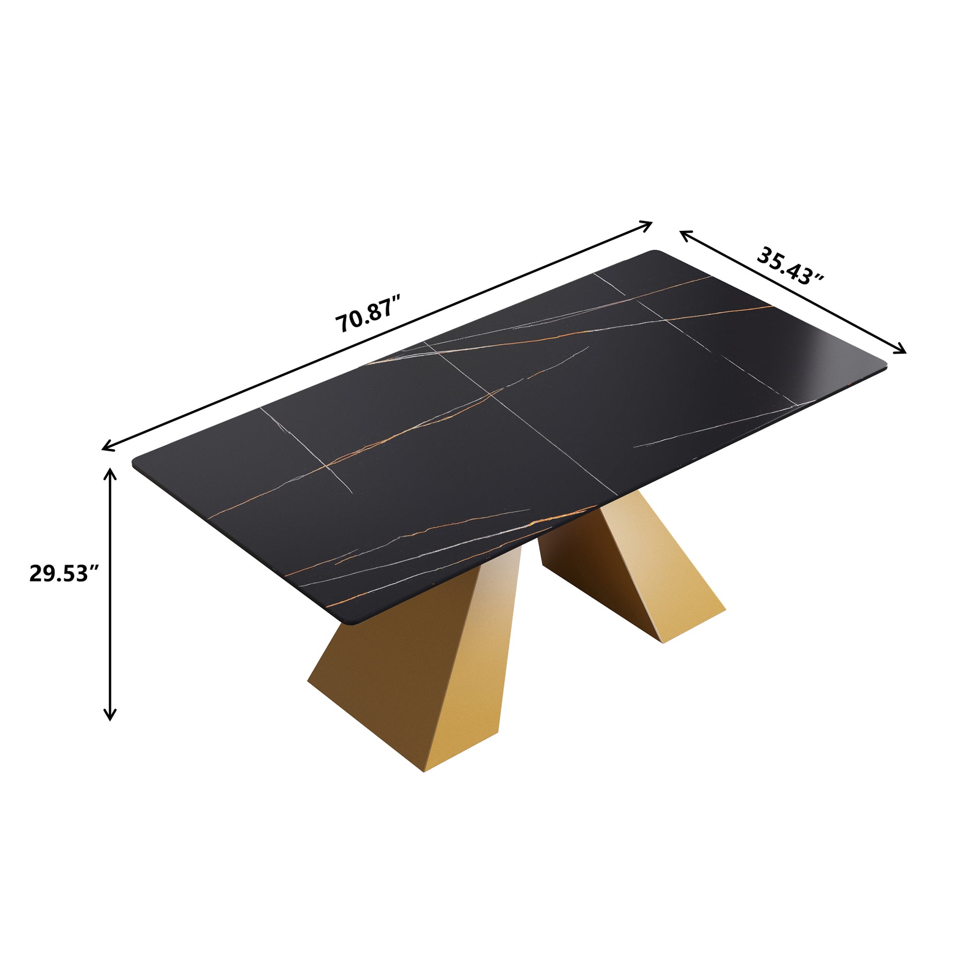 70.87" Modern Artificial Stone Black Straight Edge Golden Metal Leg Dining Table Can Accommodate 6 8 People Black Metal Sintered Stone