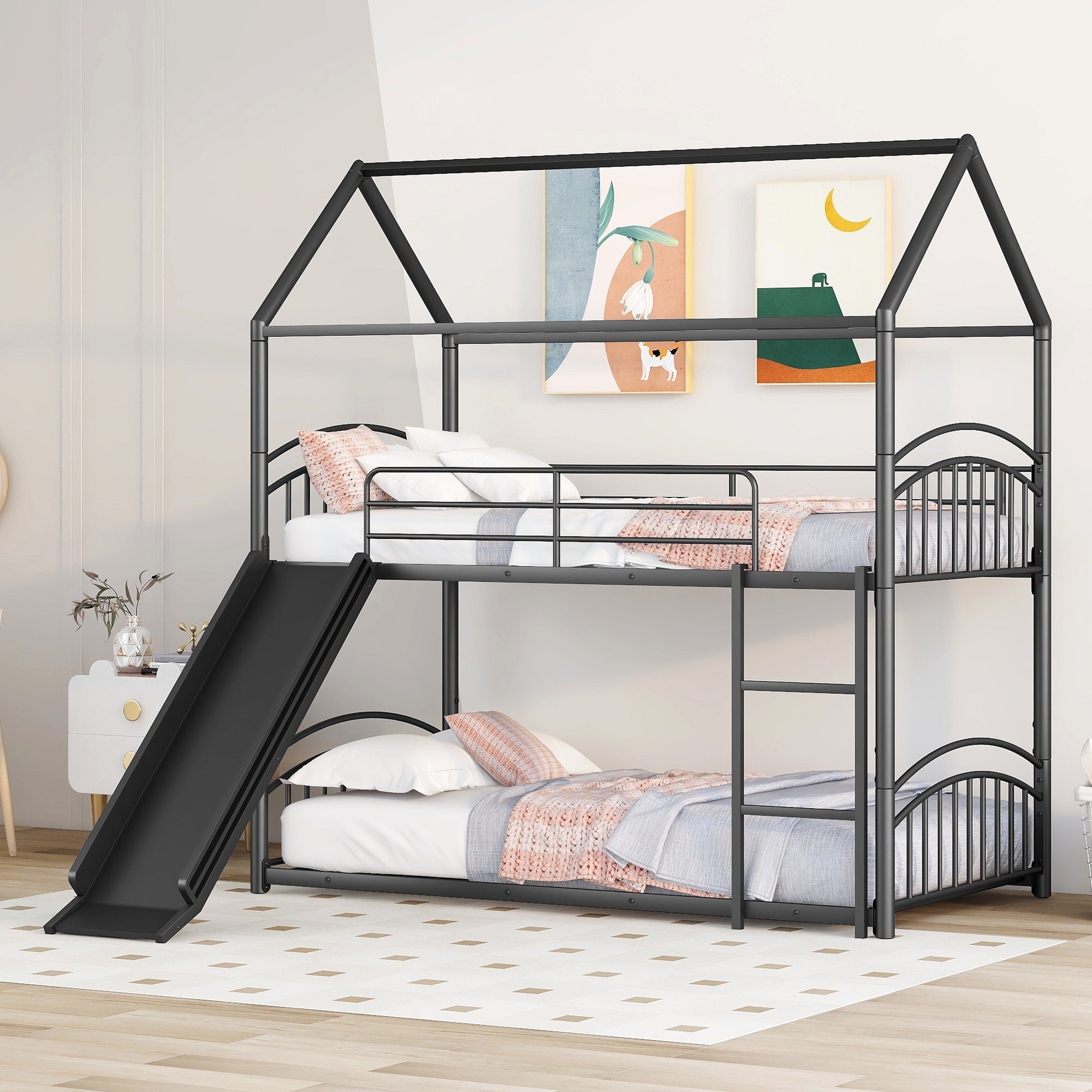 Twin Over Twin Metal Bunk Bed With Slide,Kids House Bed Black Black Metal