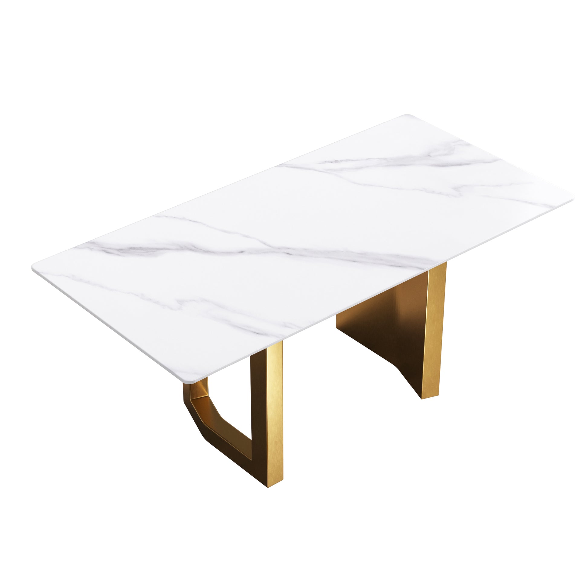 70.87" Modern Artificial Stone White Straight Edge Golden Metal Leg Dining Table Can Accommodate 6 8 People White Metal Sintered Stone