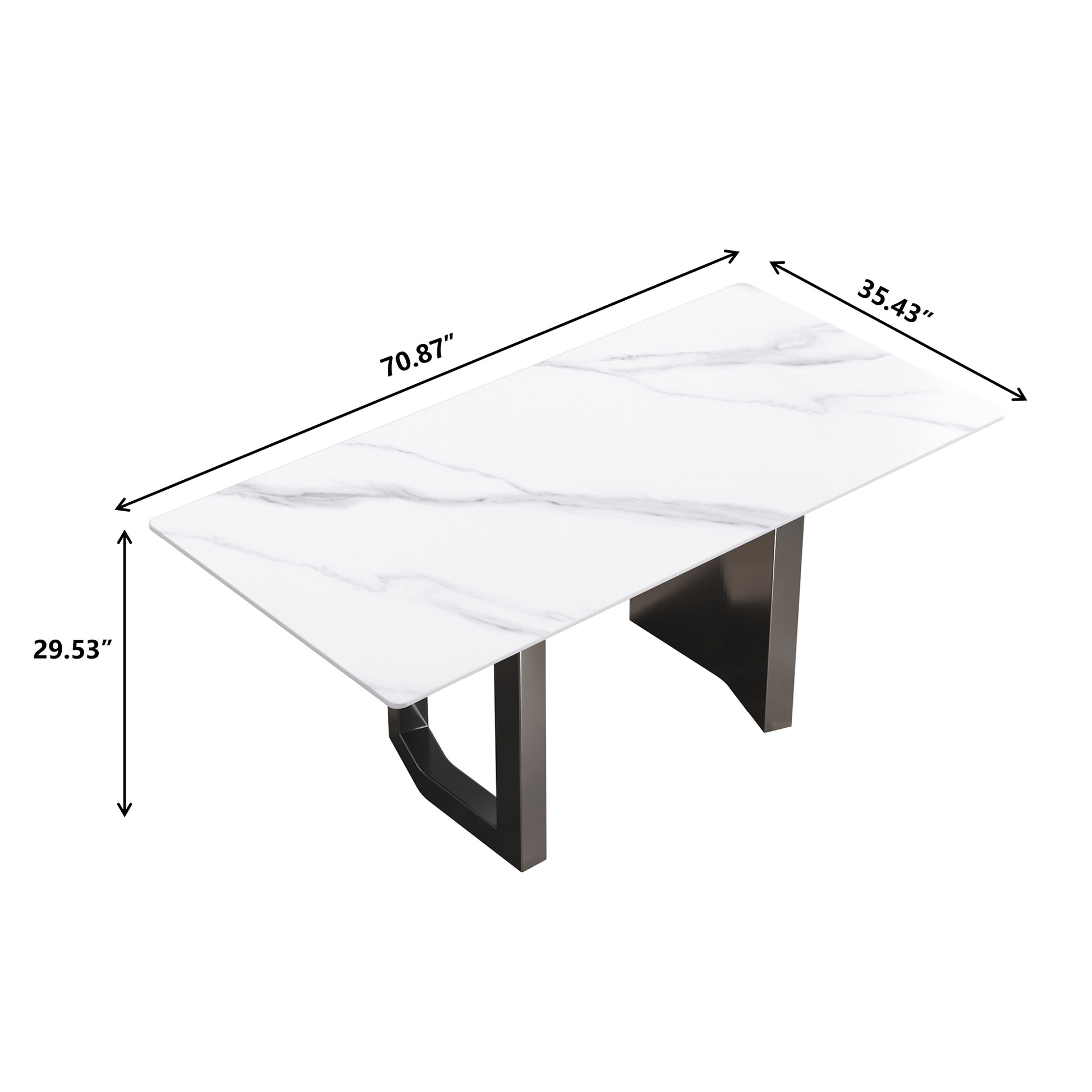 70.87" Modern Artificial Stone White Straight Edge Black Metal Leg Dining Table Can Accommodate 6 8 People White Metal Sintered Stone