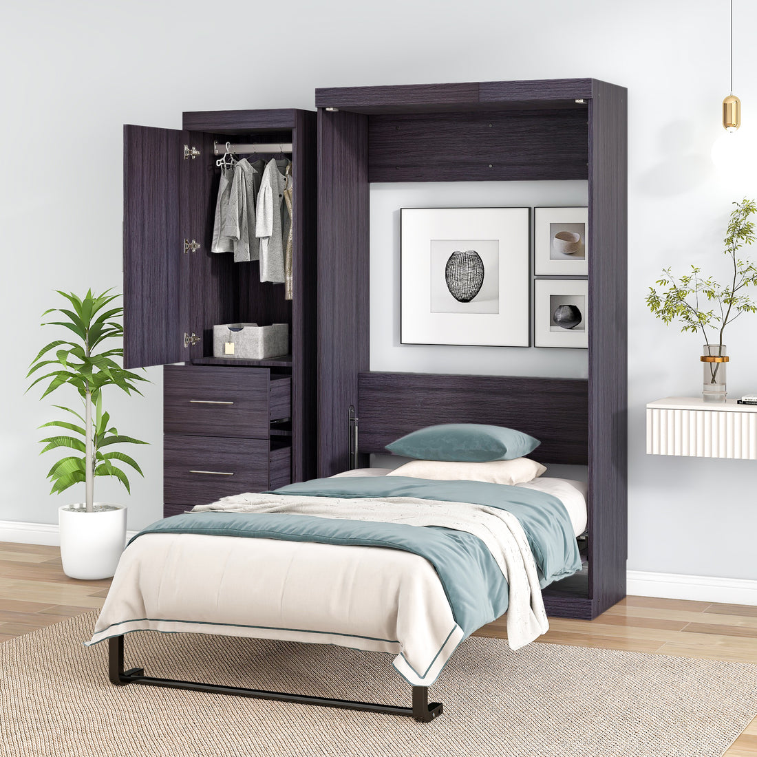 Twin Size Murphy Bed With Wardrobe And Drawers, Storage Bed, Can Be Folded Into A Cabinet, Gray Gray Pine