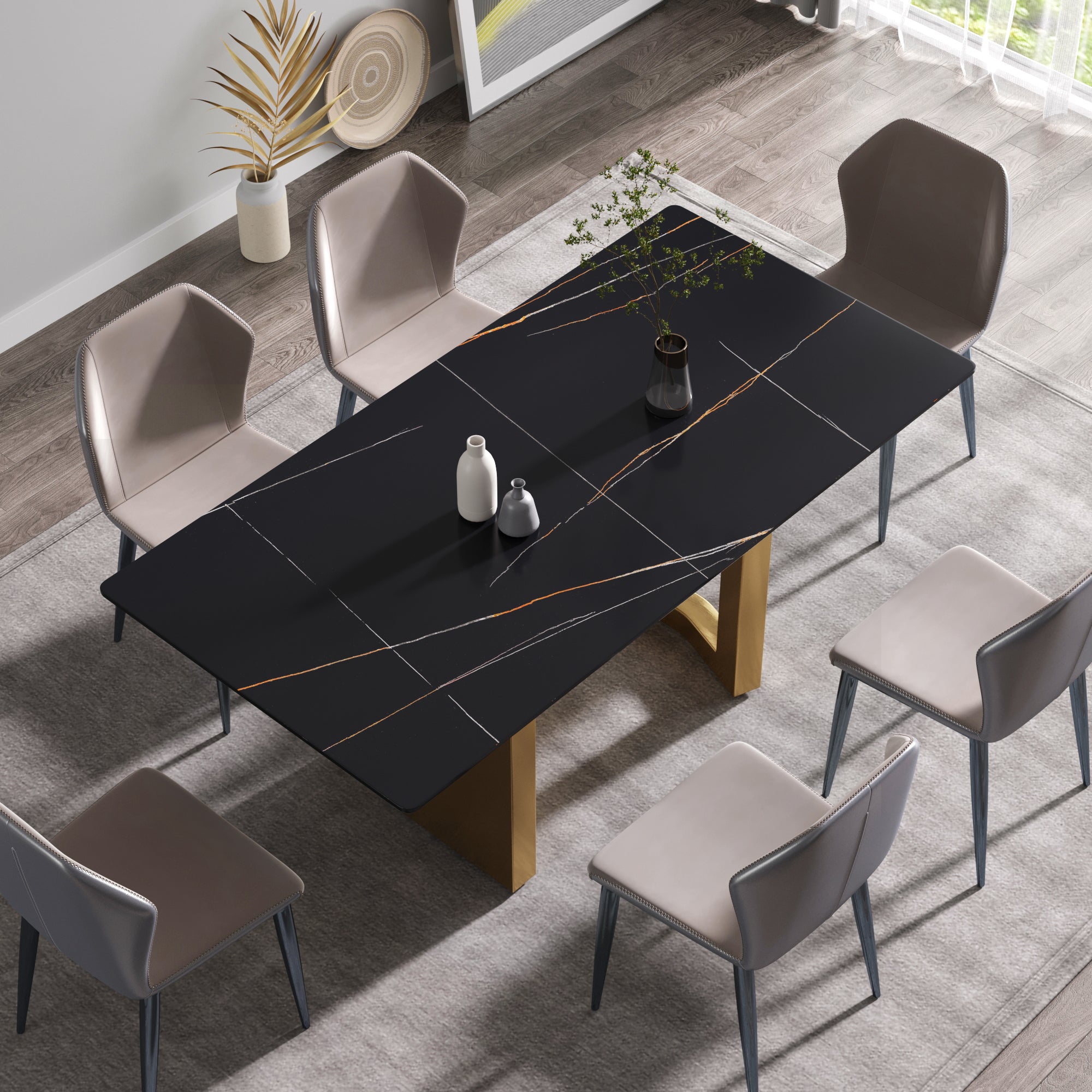 70.87" Modern Artificial Stone Black Straight Edge Golden Metal Leg Dining Table Can Accommodate 6 8 People Black Metal Sintered Stone