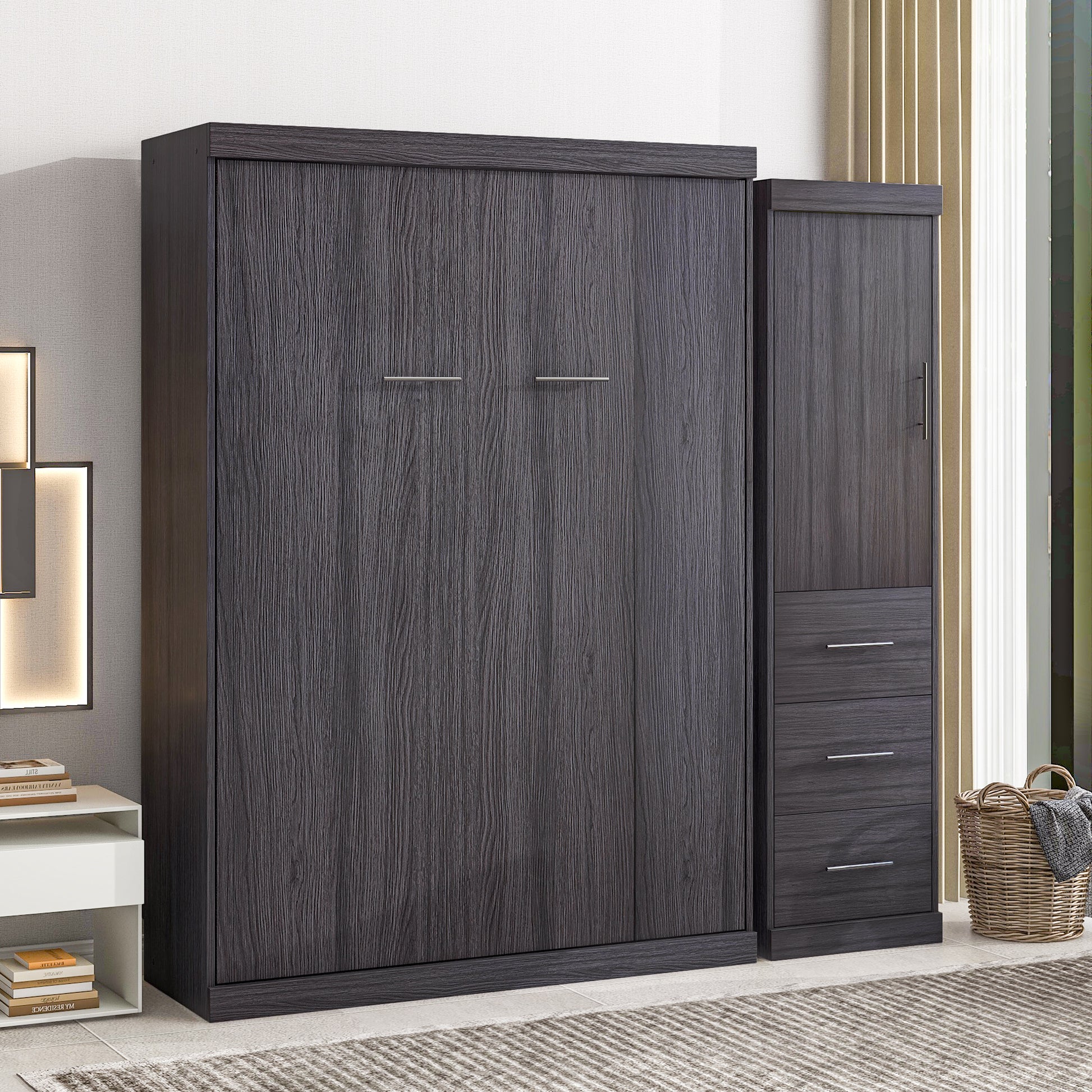 Full Size Murphy Bed With Wardrobe And Drawers, Storage Bed, Can Be Folded Into A Cabinet, Gray Gray Pine