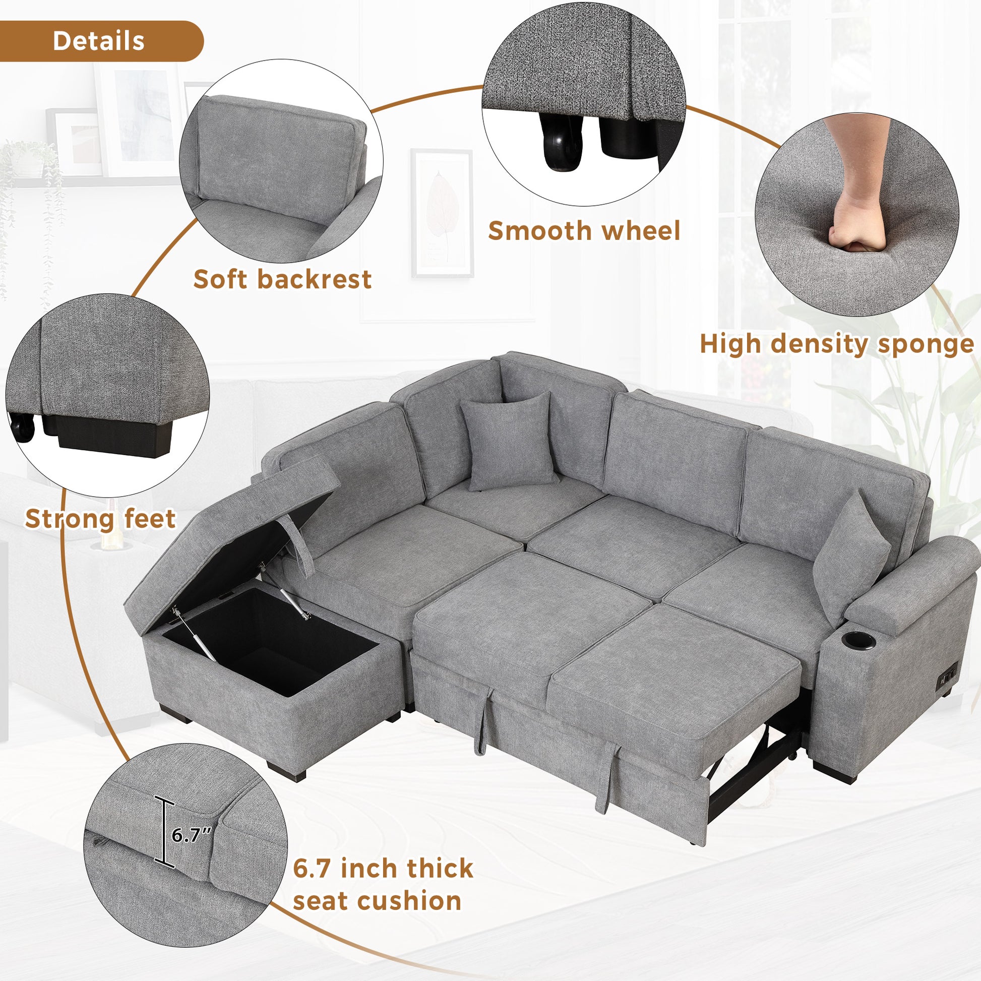 84.75" Sleeper Sofa Bed,2 In 1 Pull Out Sofa Bed L Shape Couch With Storage Ottoman For Living Room,Bedroom Couch And Small Apartment, Gray Gray Foam Linen 4 Seat