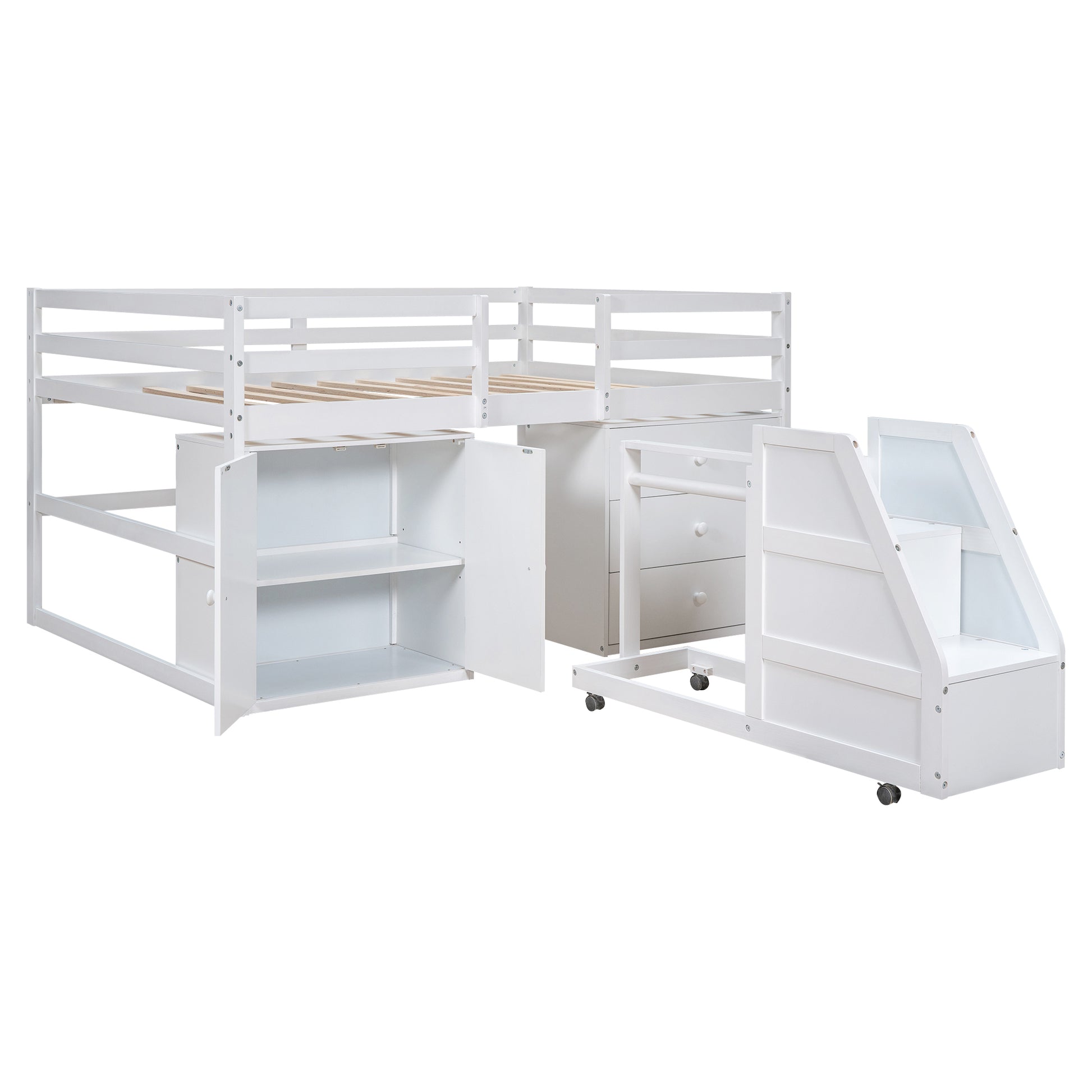 Full Size Functional Loft Bed with Cabinets and white-pine