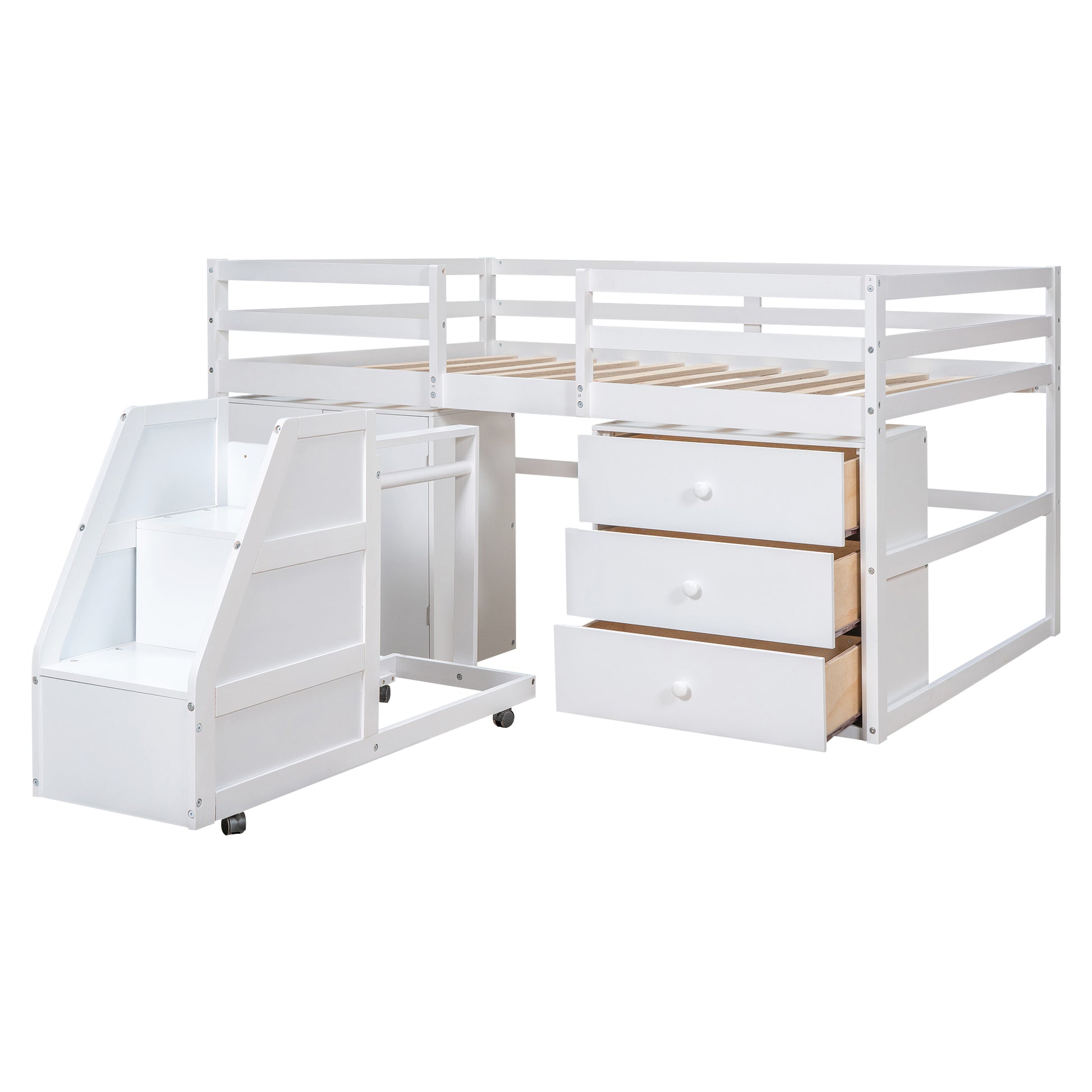 Full Size Functional Loft Bed with Cabinets and white-pine
