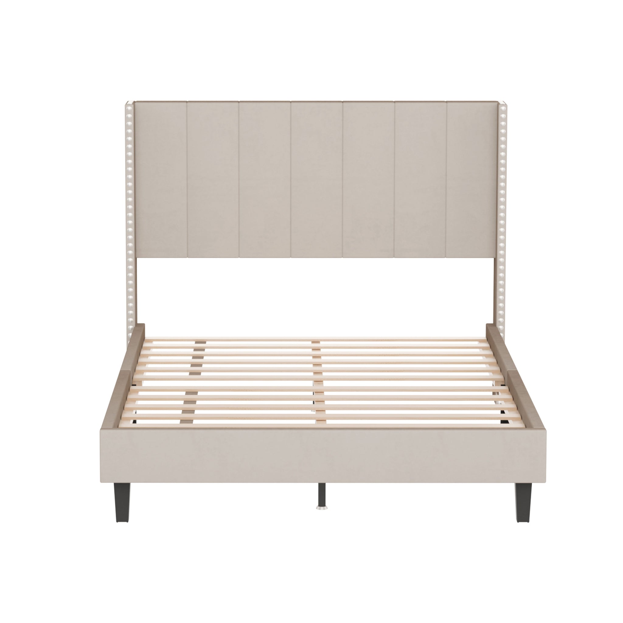Velvet Upholstered Bed Frame with Vertical Channel beige-solid wood