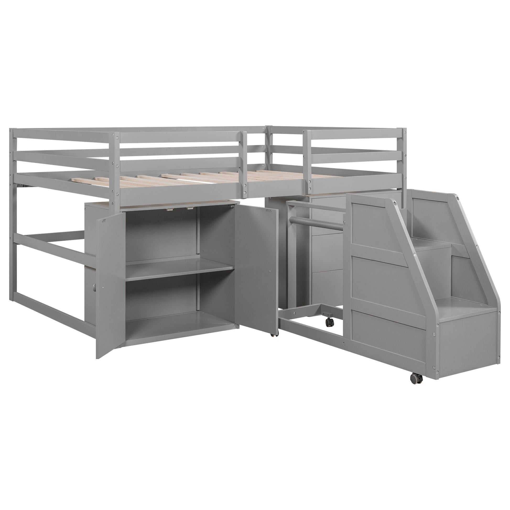 Full Size Functional Loft Bed with Cabinets and gray-pine