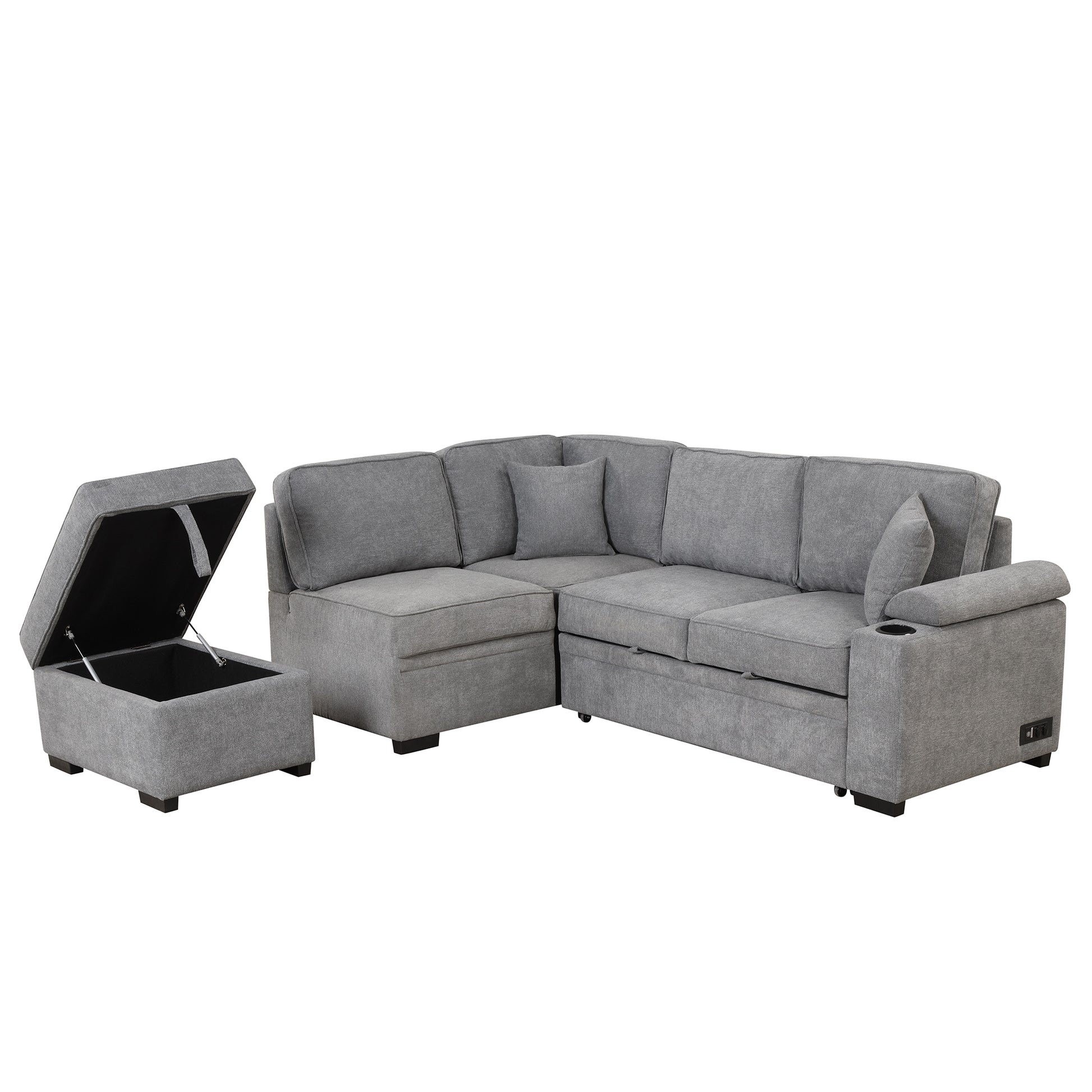 84.75" Sleeper Sofa Bed,2 In 1 Pull Out Sofa Bed L Shape Couch With Storage Ottoman For Living Room,Bedroom Couch And Small Apartment, Gray Gray Foam Linen 4 Seat