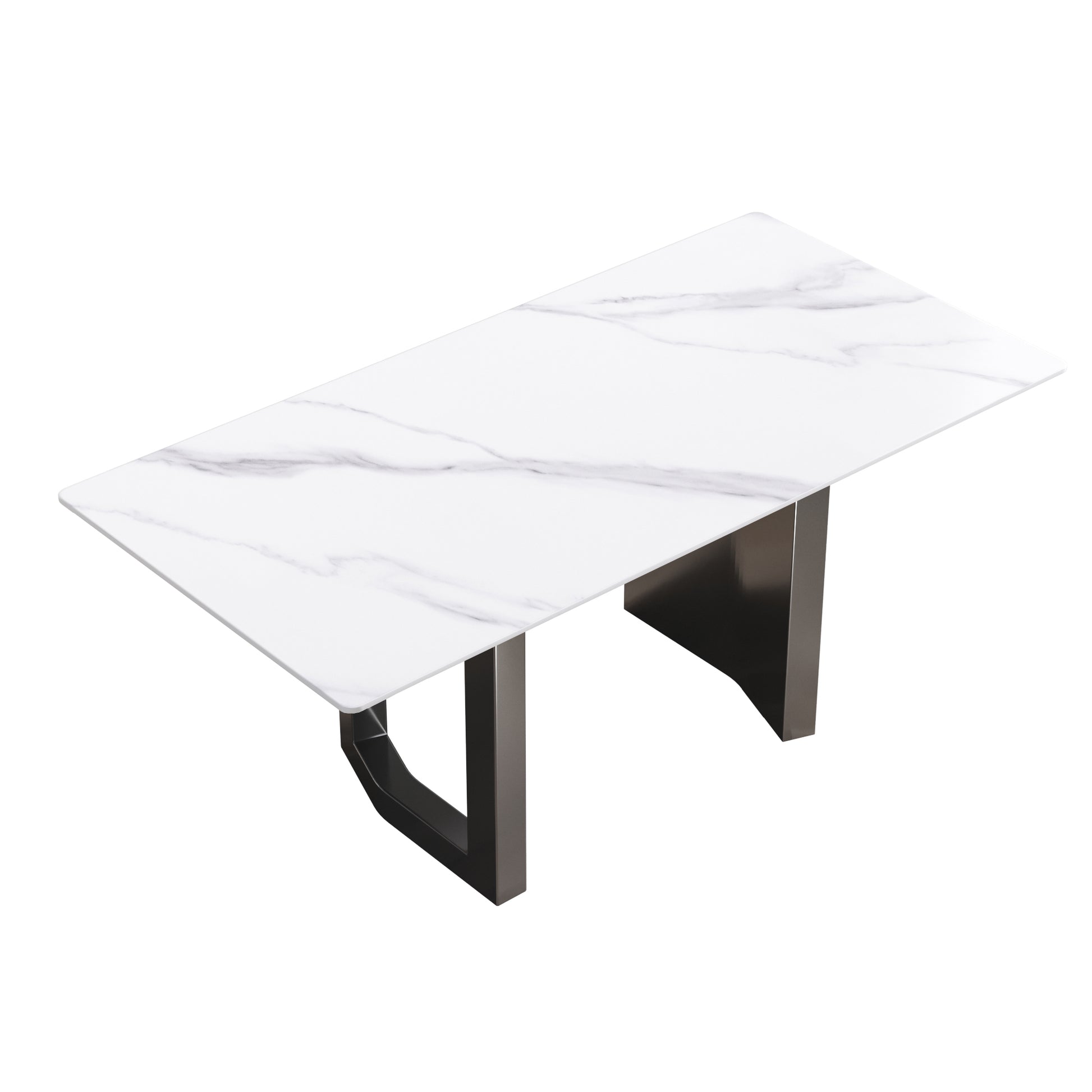 70.87" Modern Artificial Stone White Straight Edge Black Metal Leg Dining Table Can Accommodate 6 8 People White Metal Sintered Stone