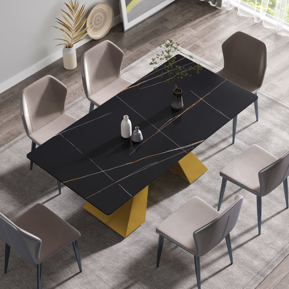 70.87" Modern Artificial Stone Black Straight Edge Golden Metal Leg Dining Table Can Accommodate 6 8 People Black Metal Sintered Stone