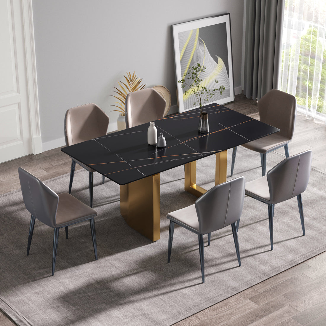 70.87" Modern Artificial Stone Black Straight Edge Golden Metal Leg Dining Table Can Accommodate 6 8 People Black Metal Sintered Stone