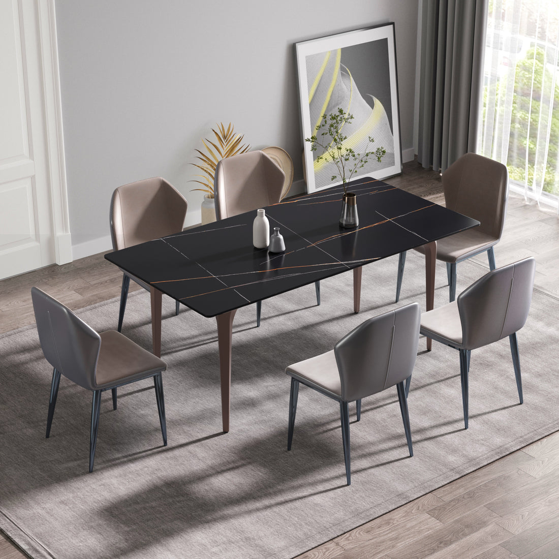 70.87" Modern Artificial Stone Black Straight Edge Metal Leg Dining Table Can Accommodate 6 8 People Black Metal Sintered Stone