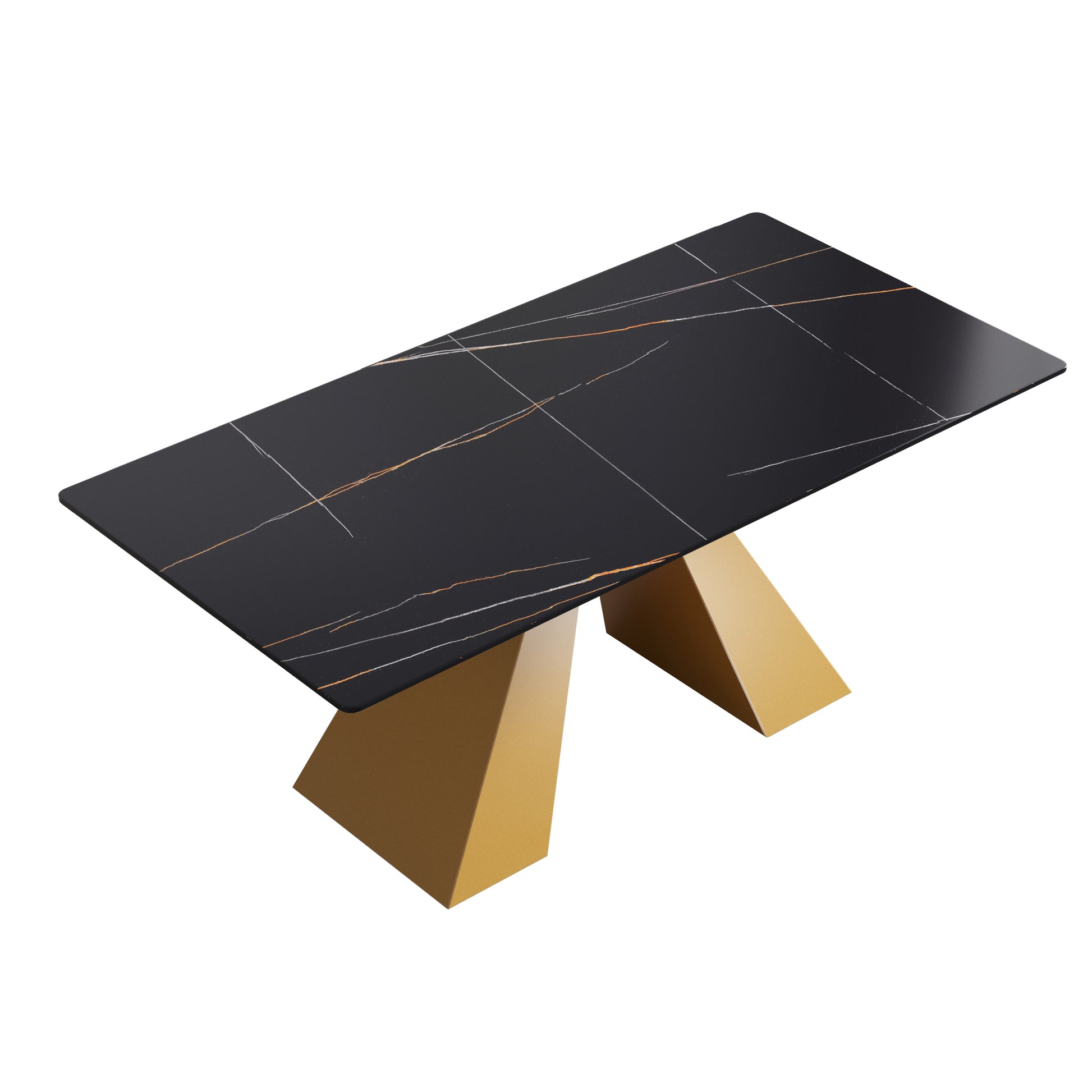 70.87" Modern Artificial Stone Black Straight Edge Golden Metal Leg Dining Table Can Accommodate 6 8 People Black Metal Sintered Stone