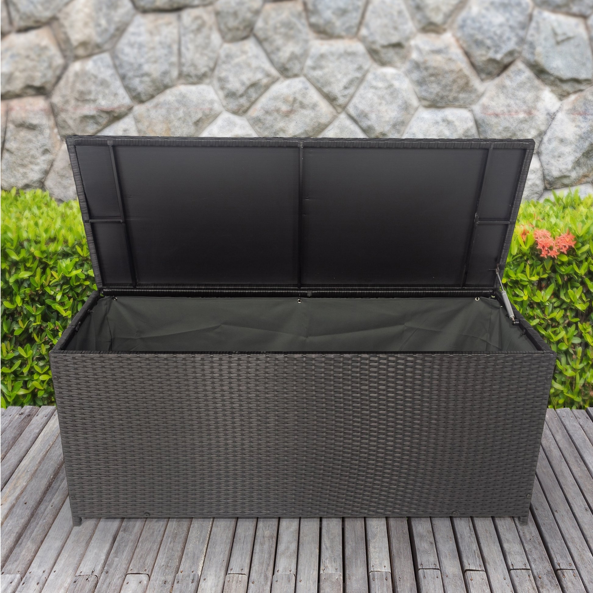 Outdoor Storage Box, 113 Gallon Wicker Patio Deck Boxes With Lid, Outdoor Cushion Storage Container Bin Chest For Kids Toys, Pillows, Towel Black No Sectional Black Rust Resistant Frame Water Resistant Cushion Garden & Outdoor American Traditional