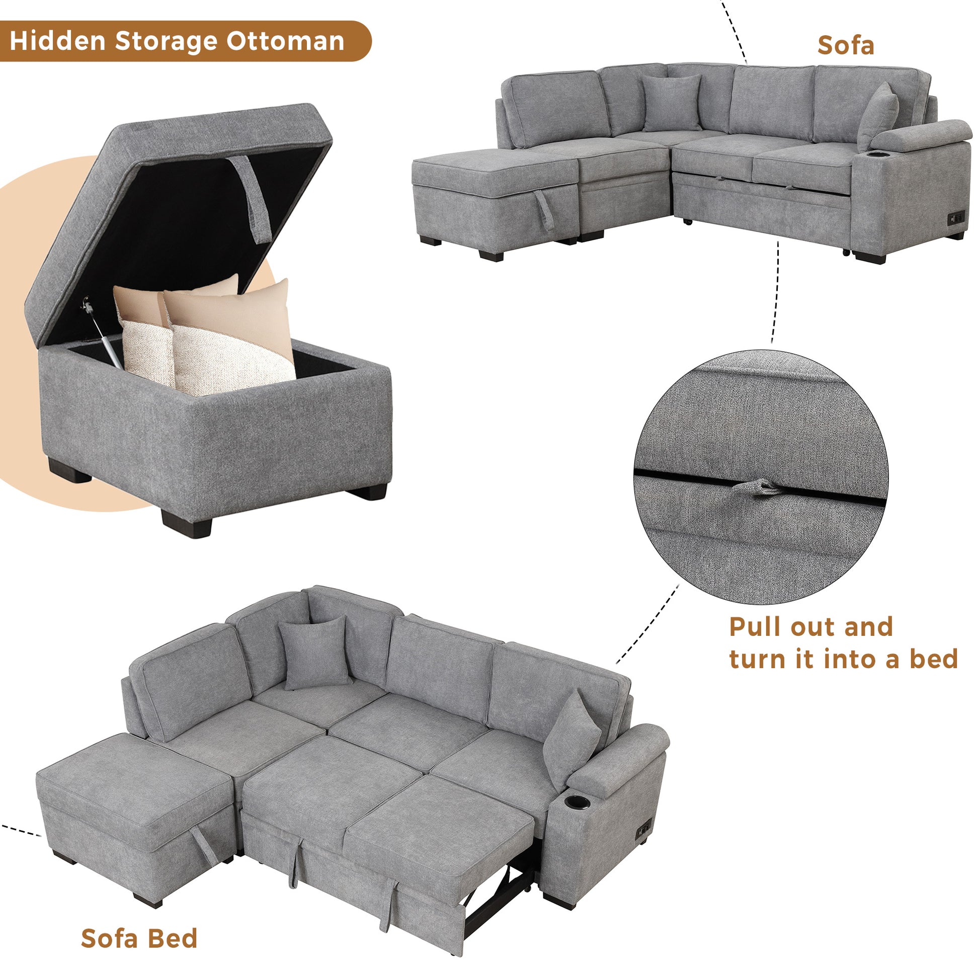 84.75" Sleeper Sofa Bed,2 In 1 Pull Out Sofa Bed L Shape Couch With Storage Ottoman For Living Room,Bedroom Couch And Small Apartment, Gray Gray Foam Linen 4 Seat