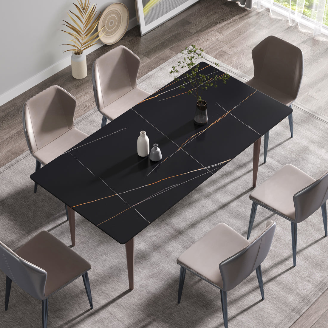 70.87" Modern Artificial Stone Black Straight Edge Metal Leg Dining Table Can Accommodate 6 8 People Black Metal Sintered Stone