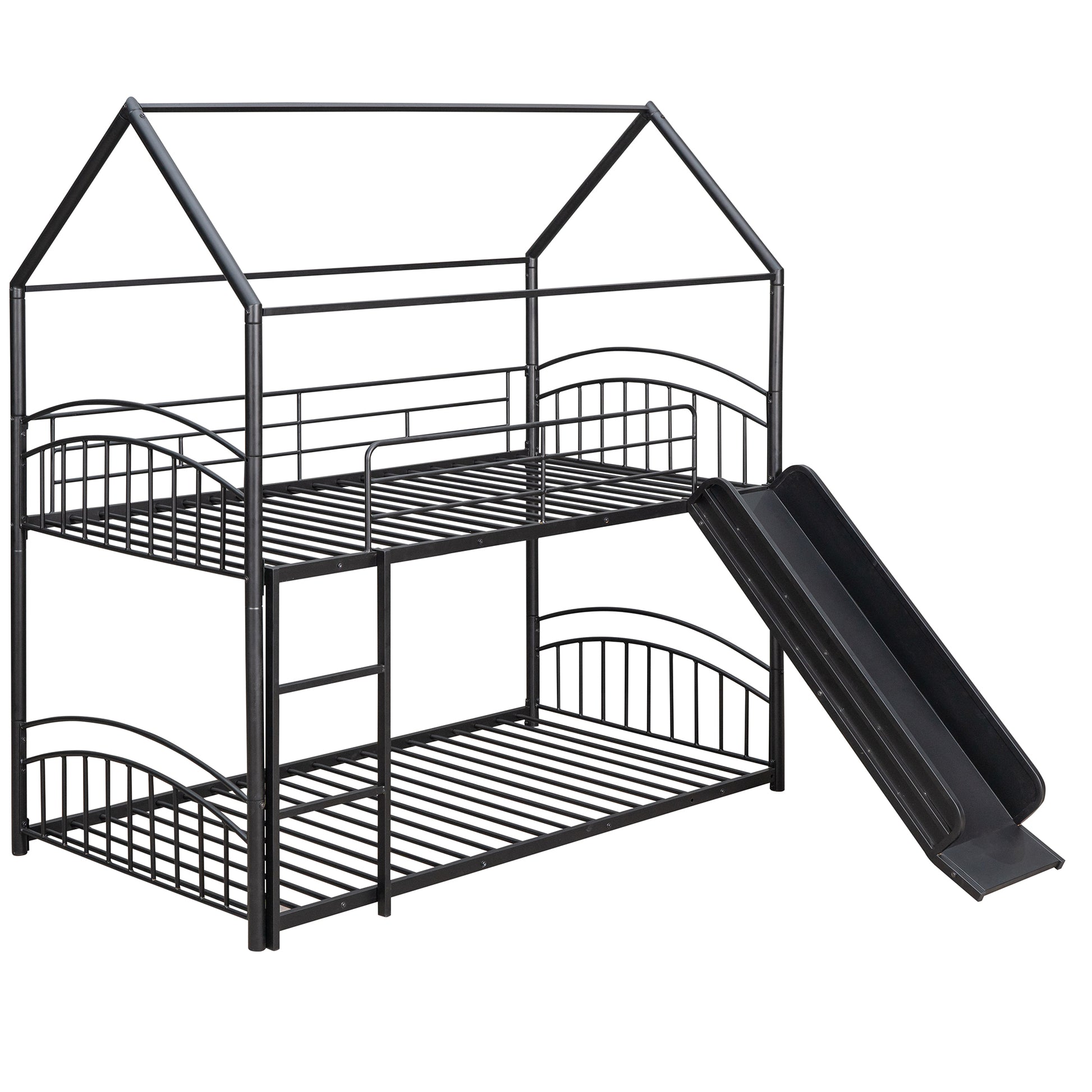 Twin Over Twin Metal Bunk Bed With Slide,Kids House Bed Black Black Metal