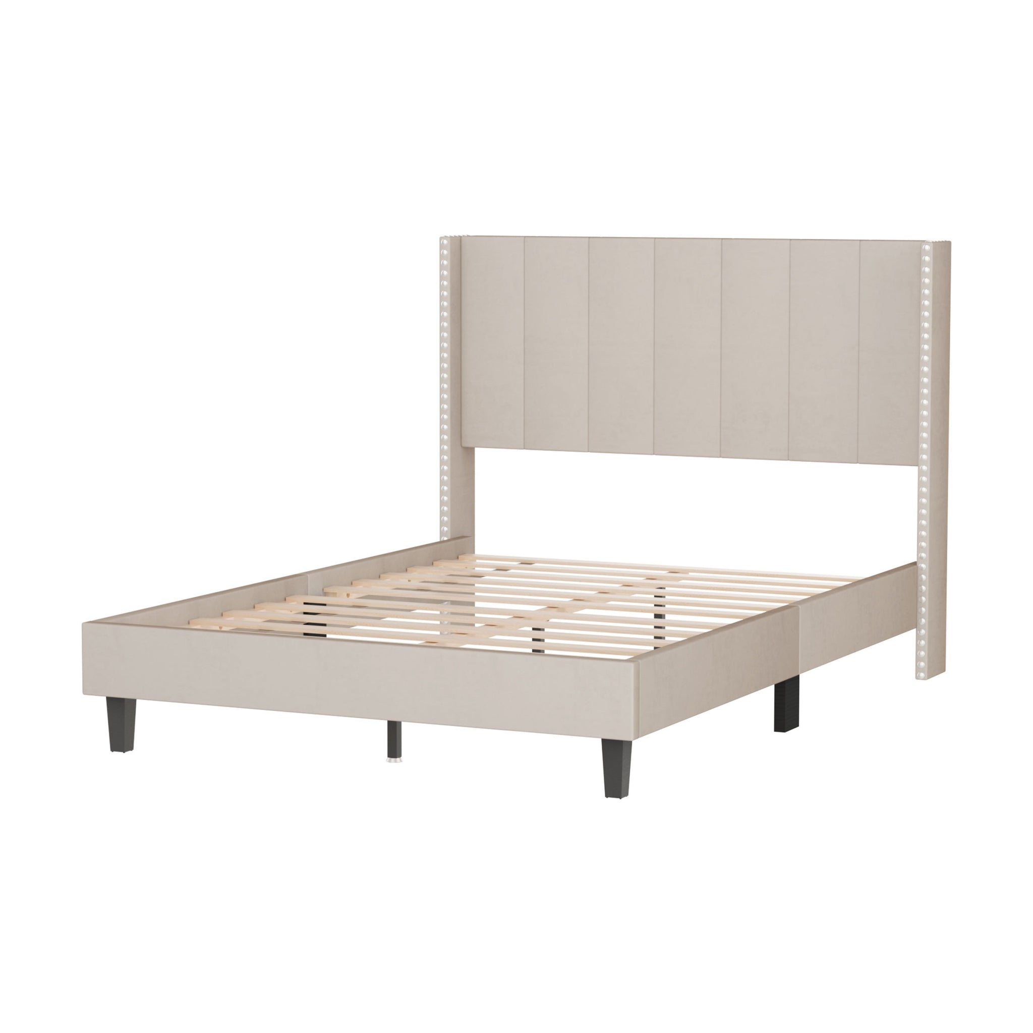 Velvet Upholstered Bed Frame with Vertical Channel beige-solid wood