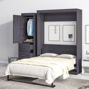 Full Size Murphy Bed With Wardrobe And Drawers, Storage Bed, Can Be Folded Into A Cabinet, Gray Gray Pine