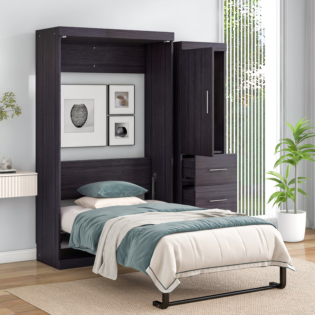 Twin Size Murphy Bed With Wardrobe And Drawers, Storage Bed, Can Be Folded Into A Cabinet, Gray Gray Pine