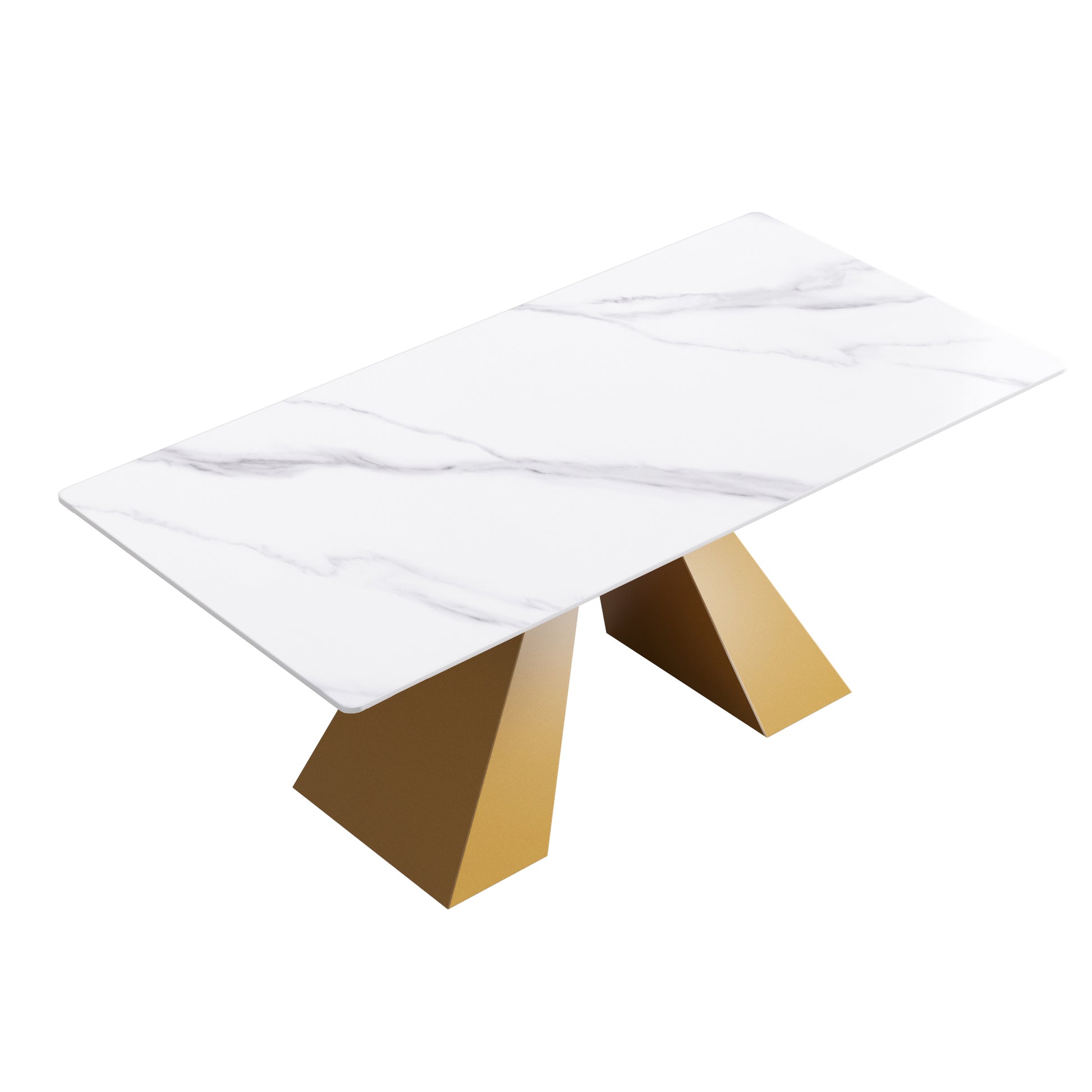 70.87" Modern Artificial Stone White Straight Edge Golden Metal Leg Dining Table Can Accommodate 6 8 People White Metal Sintered Stone