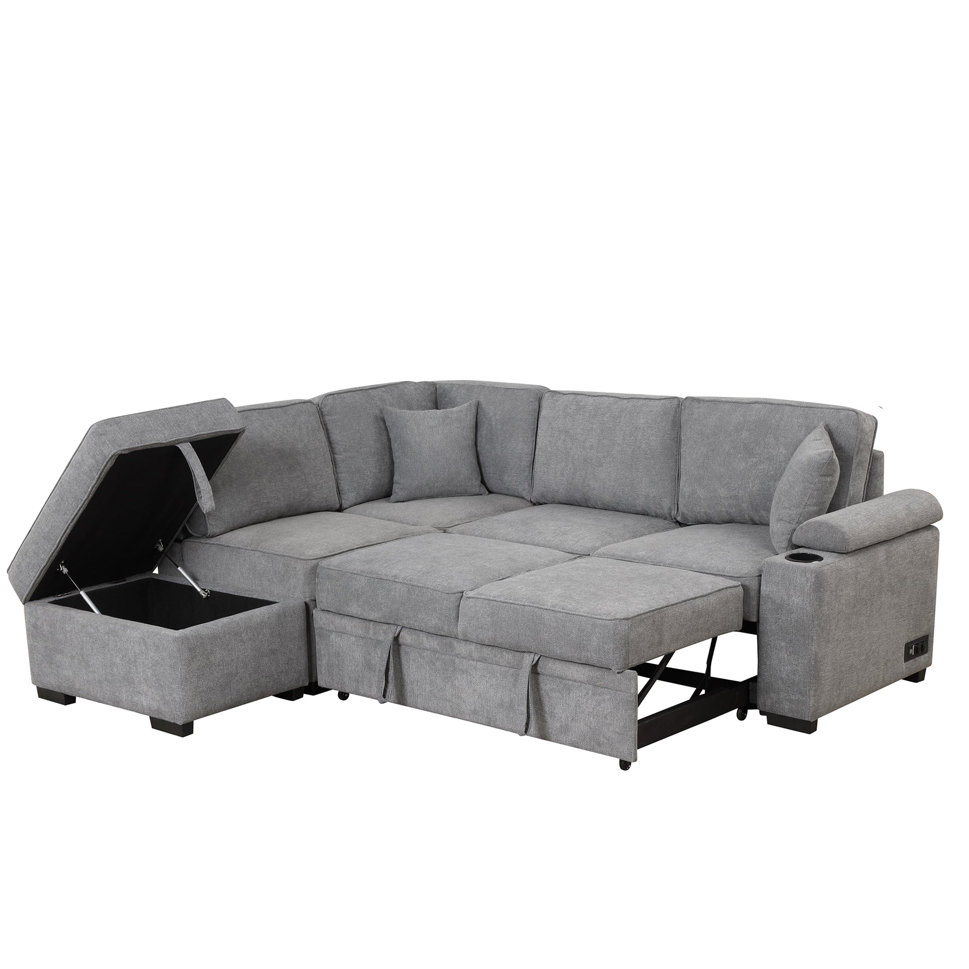 84.75" Sleeper Sofa Bed,2 In 1 Pull Out Sofa Bed L Shape Couch With Storage Ottoman For Living Room,Bedroom Couch And Small Apartment, Gray Gray Foam Linen 4 Seat