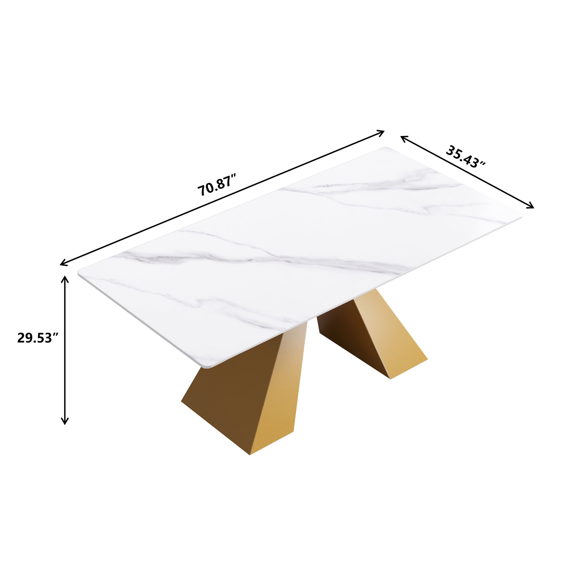 70.87" Modern Artificial Stone White Straight Edge Golden Metal Leg Dining Table Can Accommodate 6 8 People White Metal Sintered Stone