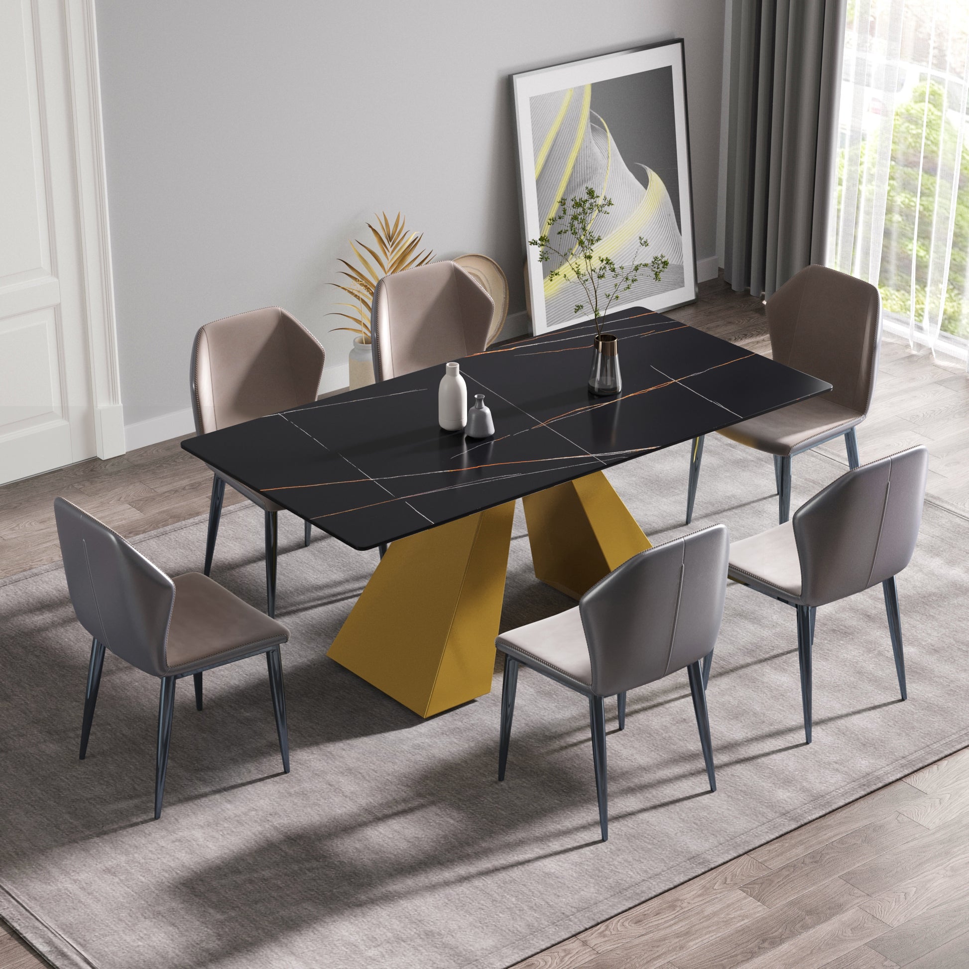 70.87" Modern Artificial Stone Black Straight Edge Golden Metal Leg Dining Table Can Accommodate 6 8 People Black Metal Sintered Stone