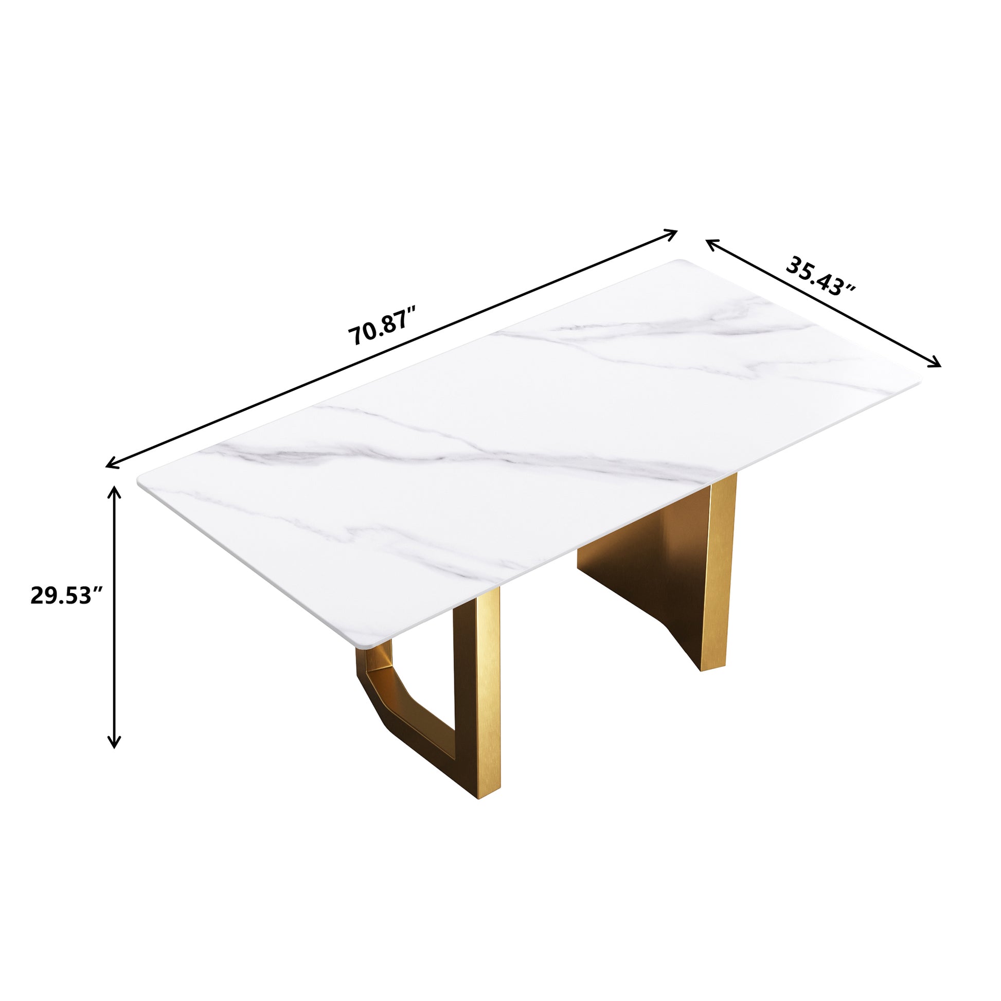 70.87" Modern Artificial Stone White Straight Edge Golden Metal Leg Dining Table Can Accommodate 6 8 People White Metal Sintered Stone