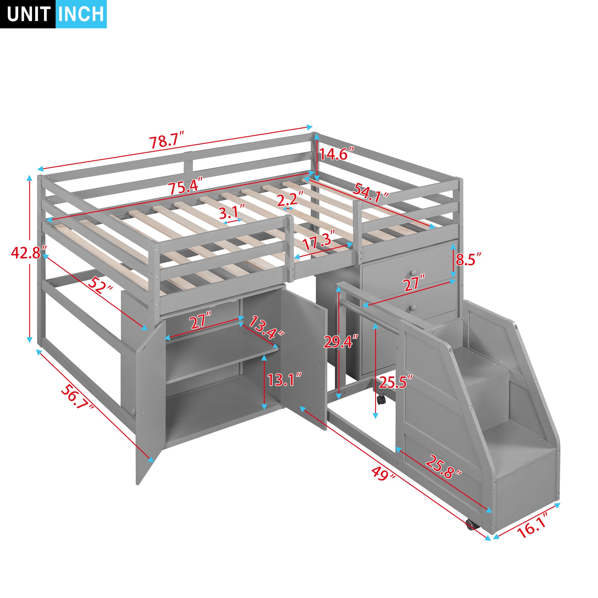 Full Size Functional Loft Bed with Cabinets and gray-pine