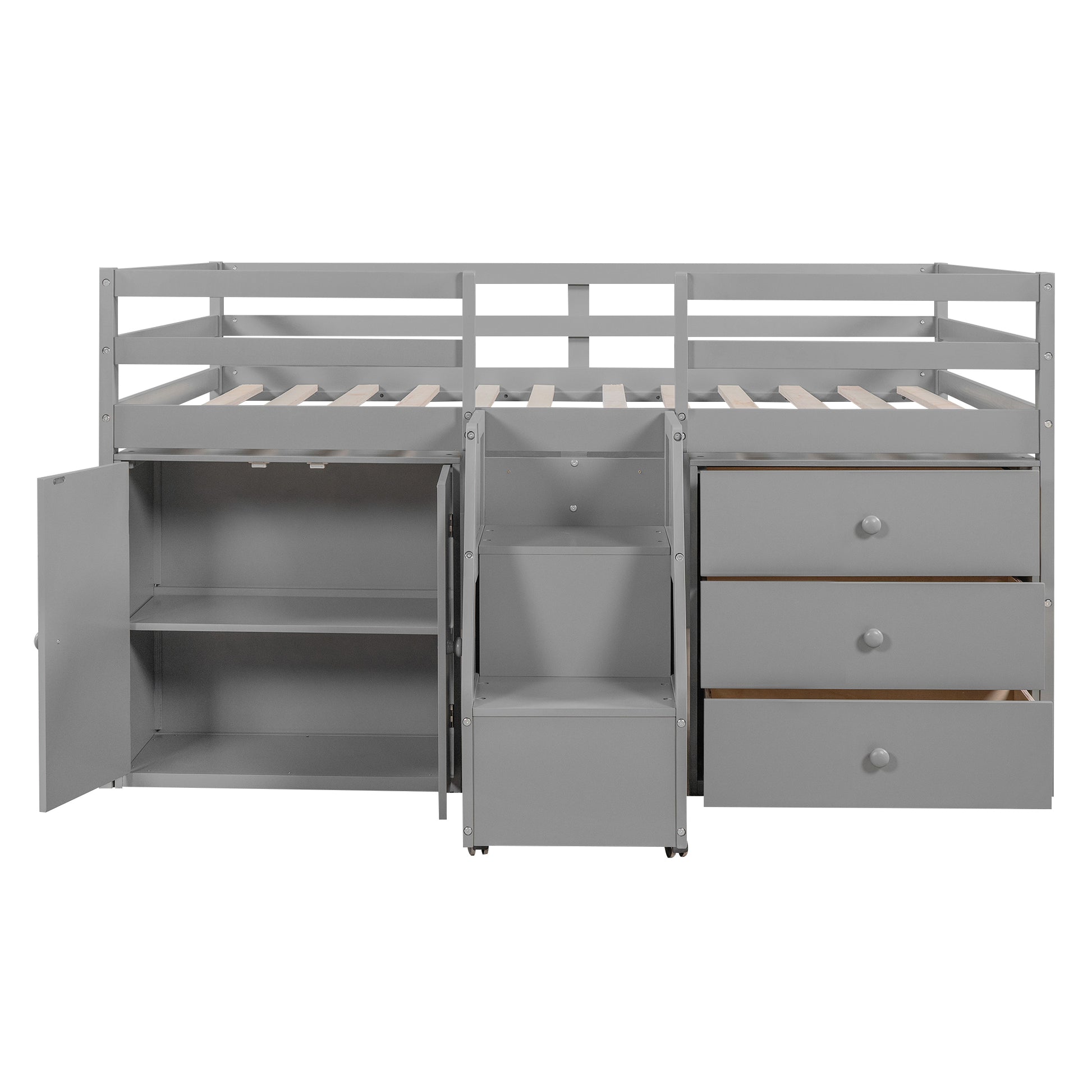 Full Size Functional Loft Bed with Cabinets and gray-pine