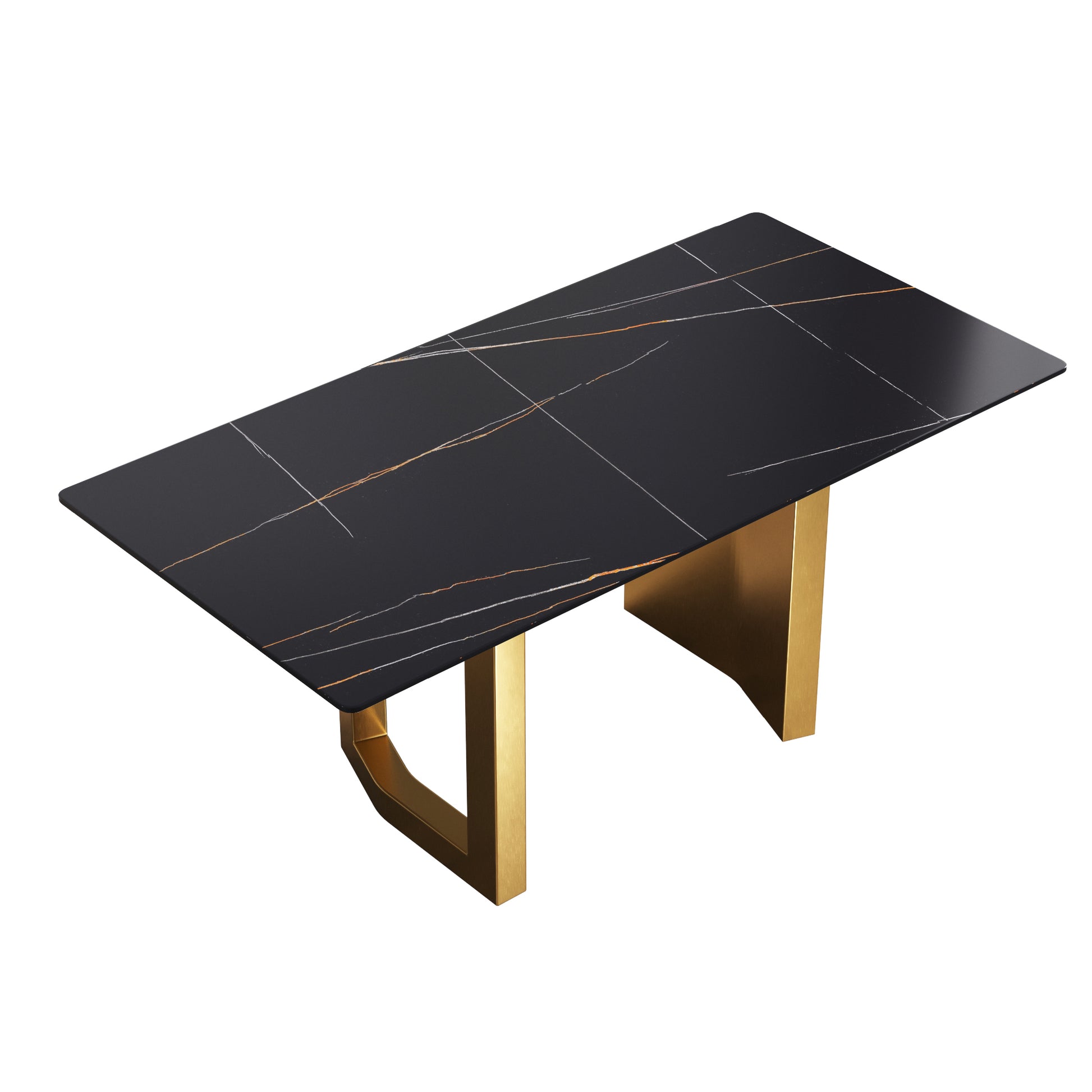 70.87" Modern Artificial Stone Black Straight Edge Golden Metal Leg Dining Table Can Accommodate 6 8 People Black Metal Sintered Stone