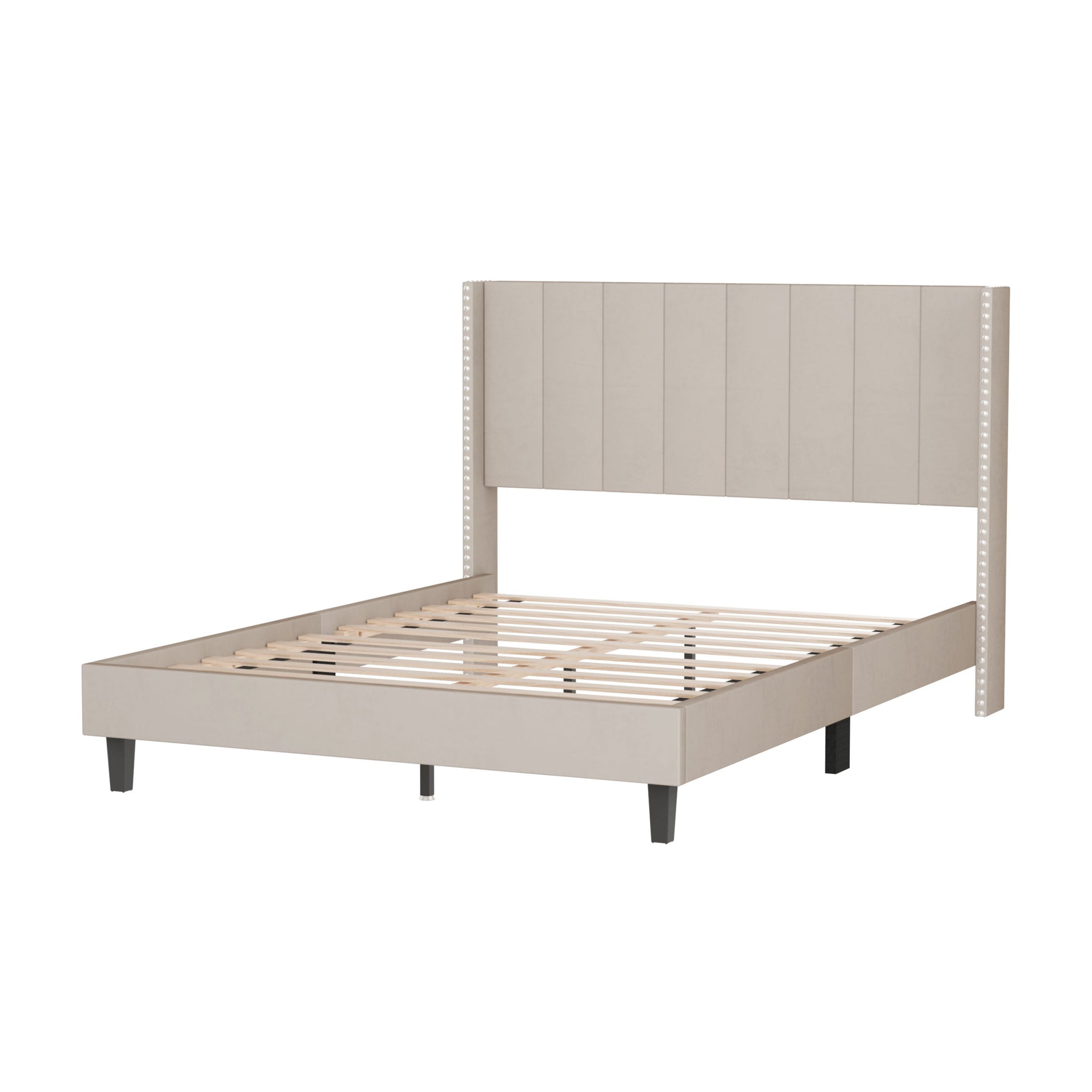 Queen Bed Frame Velvet Upholstered Bed Frame with beige-solid wood