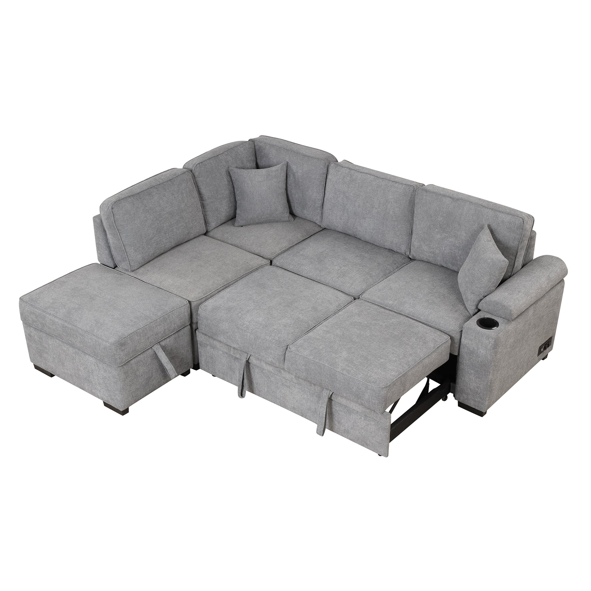 84.75" Sleeper Sofa Bed,2 In 1 Pull Out Sofa Bed L Shape Couch With Storage Ottoman For Living Room,Bedroom Couch And Small Apartment, Gray Gray Foam Linen 4 Seat