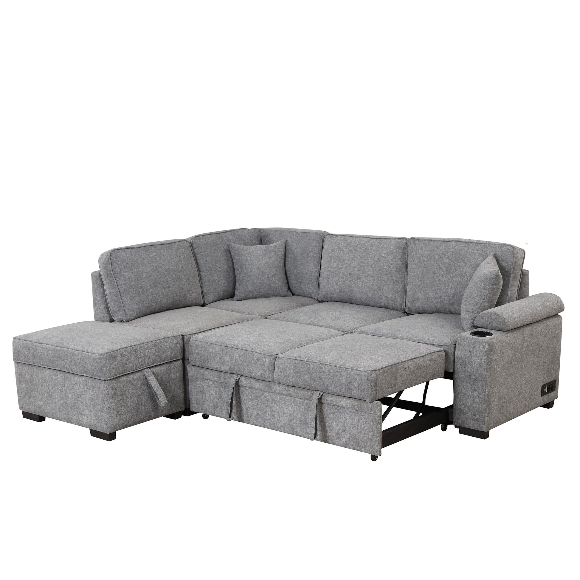 84.75" Sleeper Sofa Bed,2 In 1 Pull Out Sofa Bed L Shape Couch With Storage Ottoman For Living Room,Bedroom Couch And Small Apartment, Gray Gray Foam Linen 4 Seat