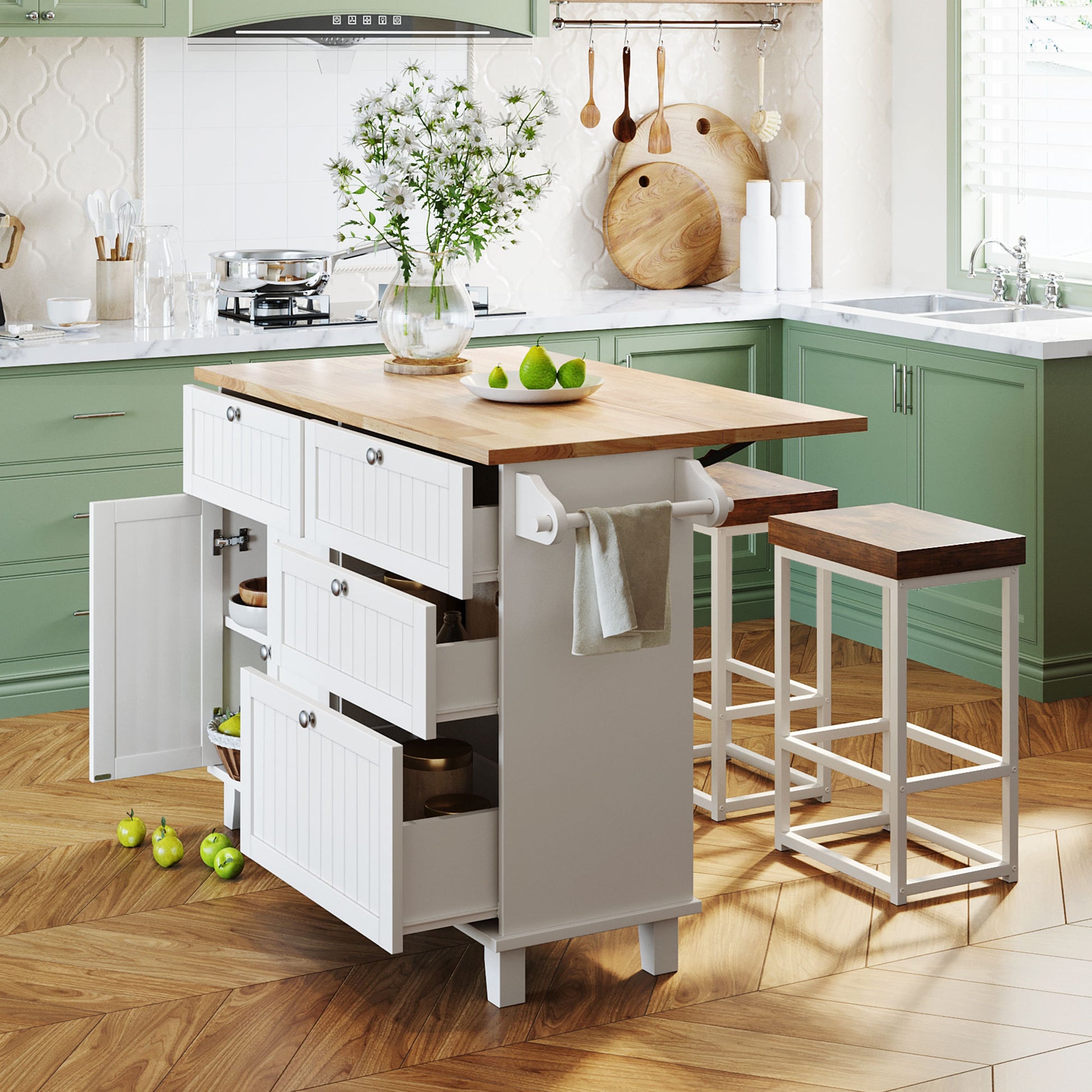 Farmhouse Kitchen Island Set with Drop Leaf and white-white-kitchen-farmhouse-rectangular-kitchen