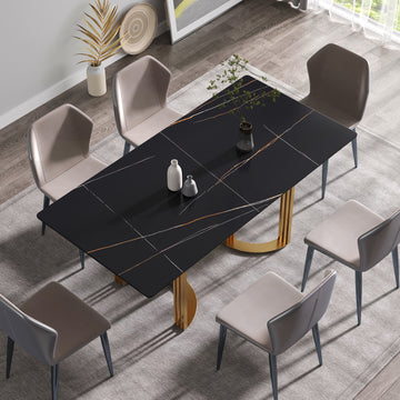 70.87" Modern Artificial Stone White Straight Edge Golden Metal Leg Dining Table Can Accommodate 6 8 People Black Metal Sintered Stone