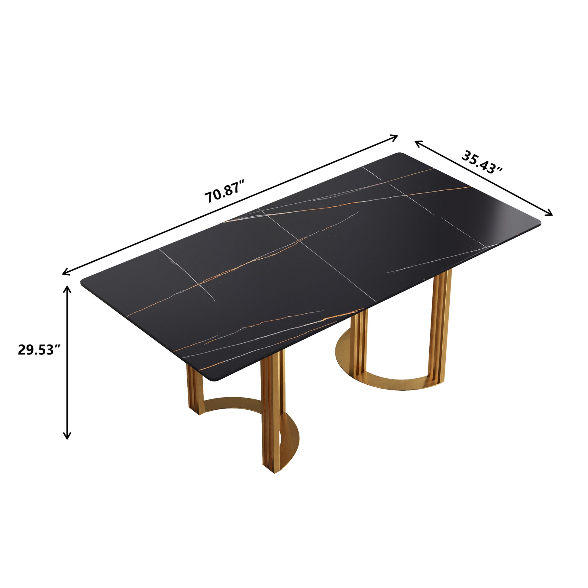 70.87" Modern Artificial Stone White Straight Edge Golden Metal Leg Dining Table Can Accommodate 6 8 People Black Metal Sintered Stone