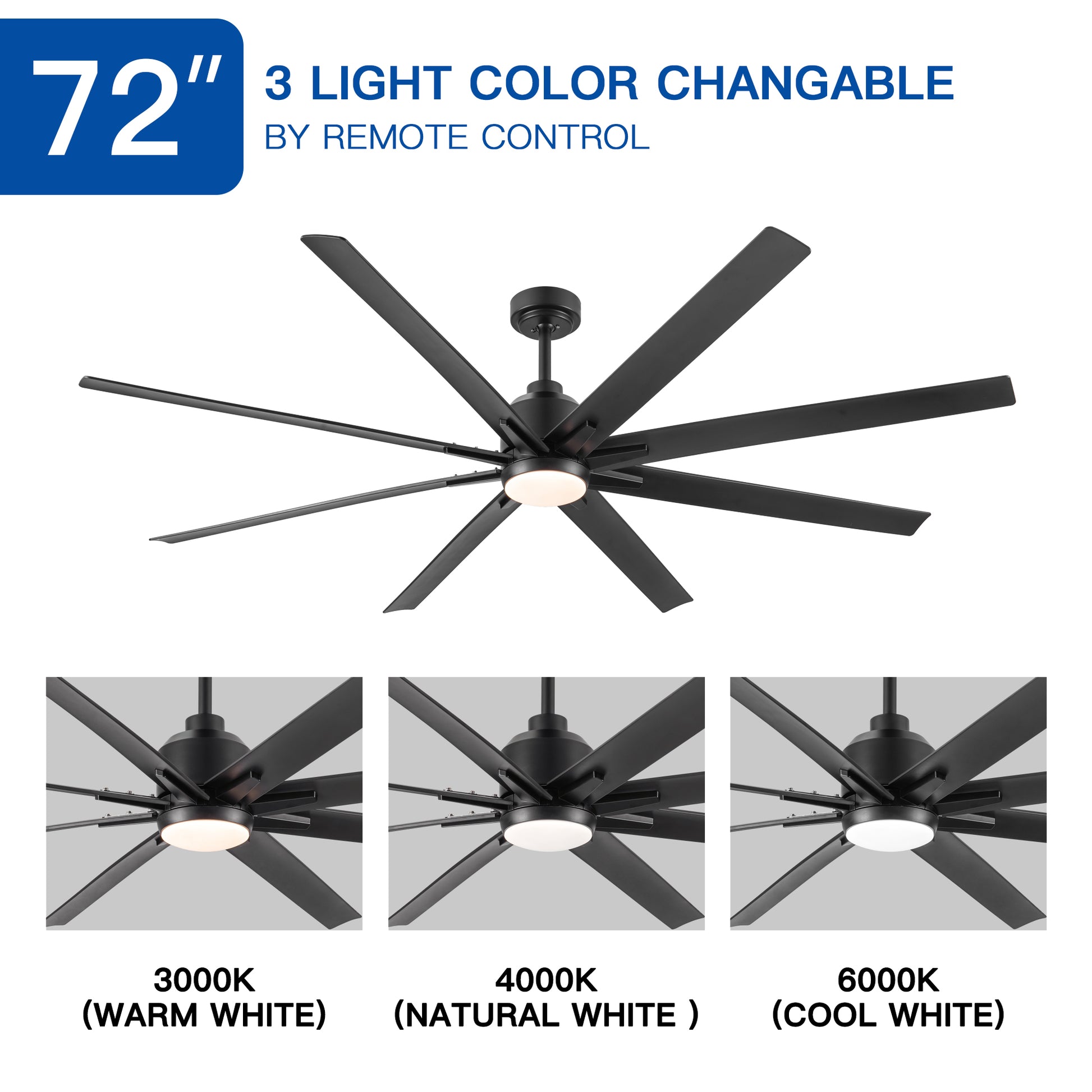 72" Supper Large Integrated Led Light Ceiling Fan With Black Abs Blade Matt Black Abs