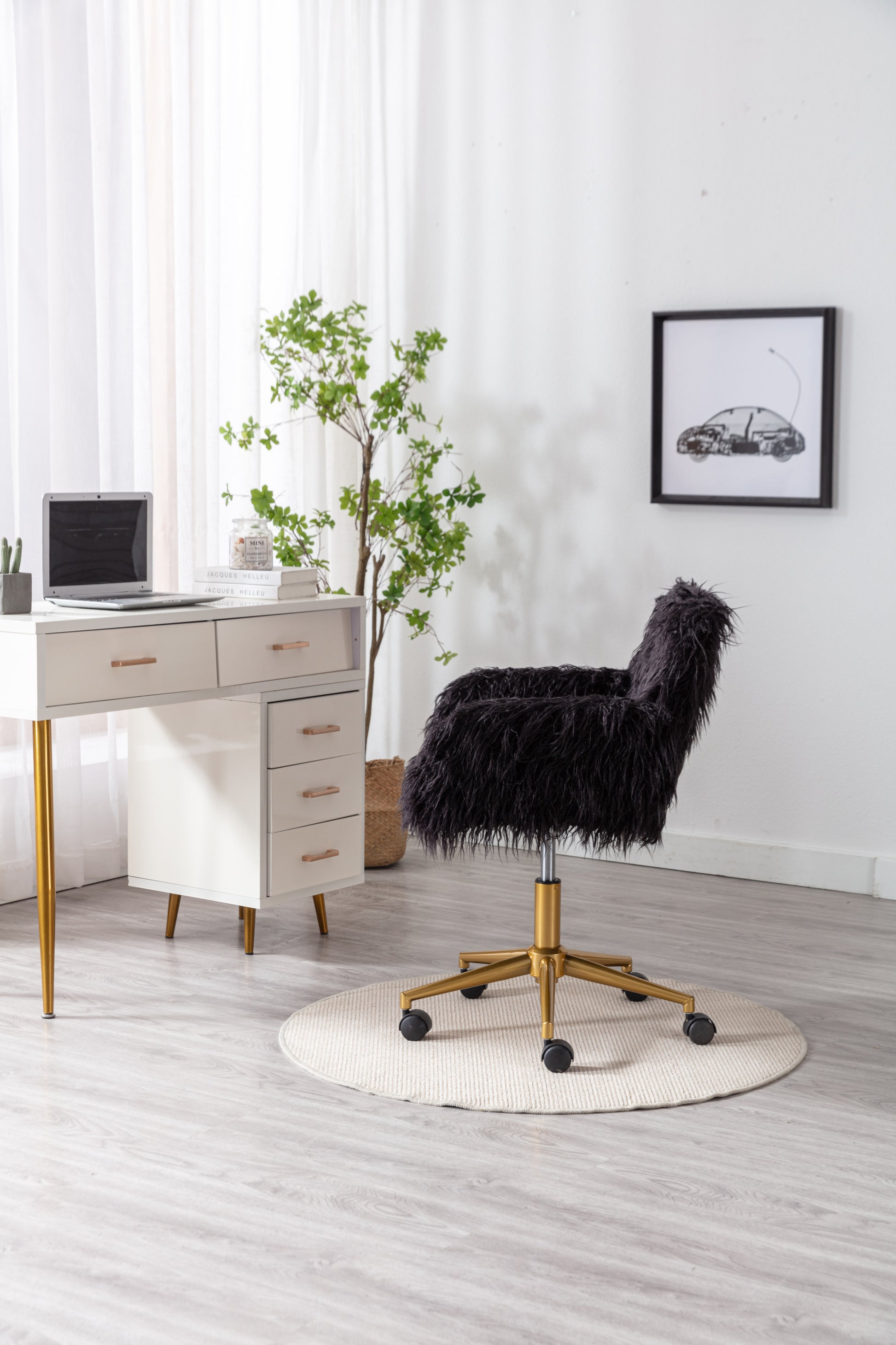 Hengming Modern Faux Fur Home Office Chair, Fluffy Chair For Girls, Makeup Vanity Chair With Gold Plating Base Black Faux Fur