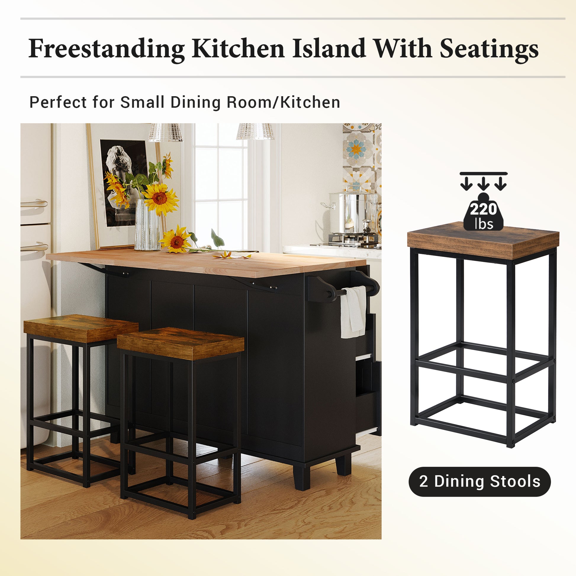 Farmhouse Kitchen Island Set with Drop Leaf and black-kitchen-farmhouse-rectangular-kitchen