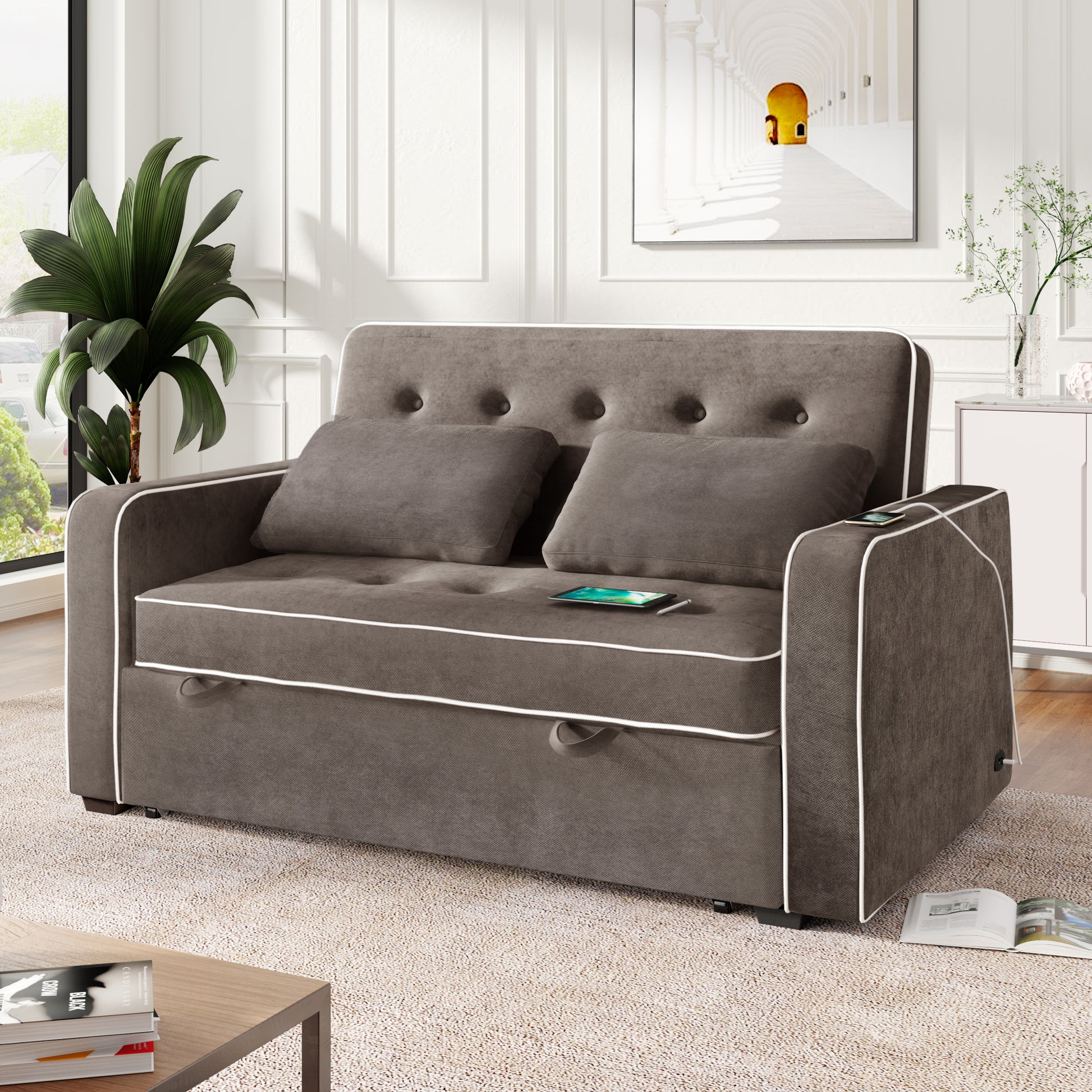 66.5" Linen Upholstered Sleeper Bedpull Out Sofa Bed Couch Attached Two Throw Pillows,Dual Usb Charging Port And Adjustable Backrest For Living Room Space,Brown Gray Brown Gray Foam Linen 2 Seat