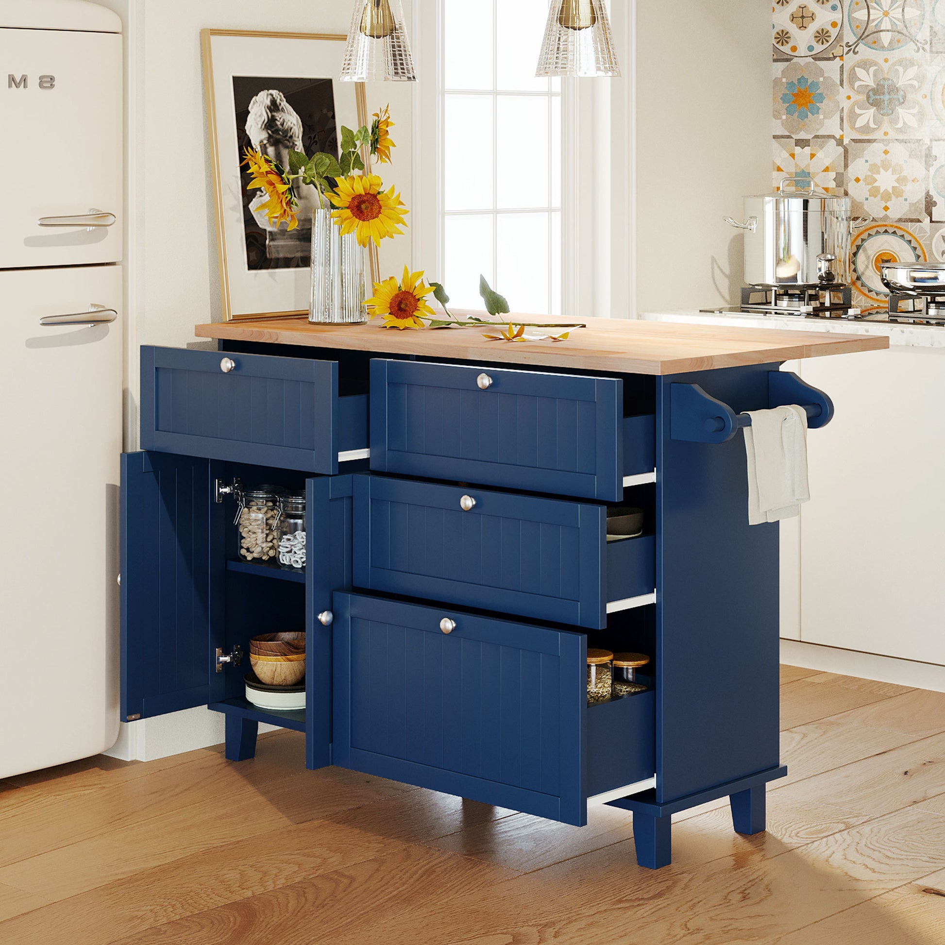 Farmhouse Kitchen Island Set with Drop Leaf and blue-kitchen-farmhouse-rectangular-kitchen island