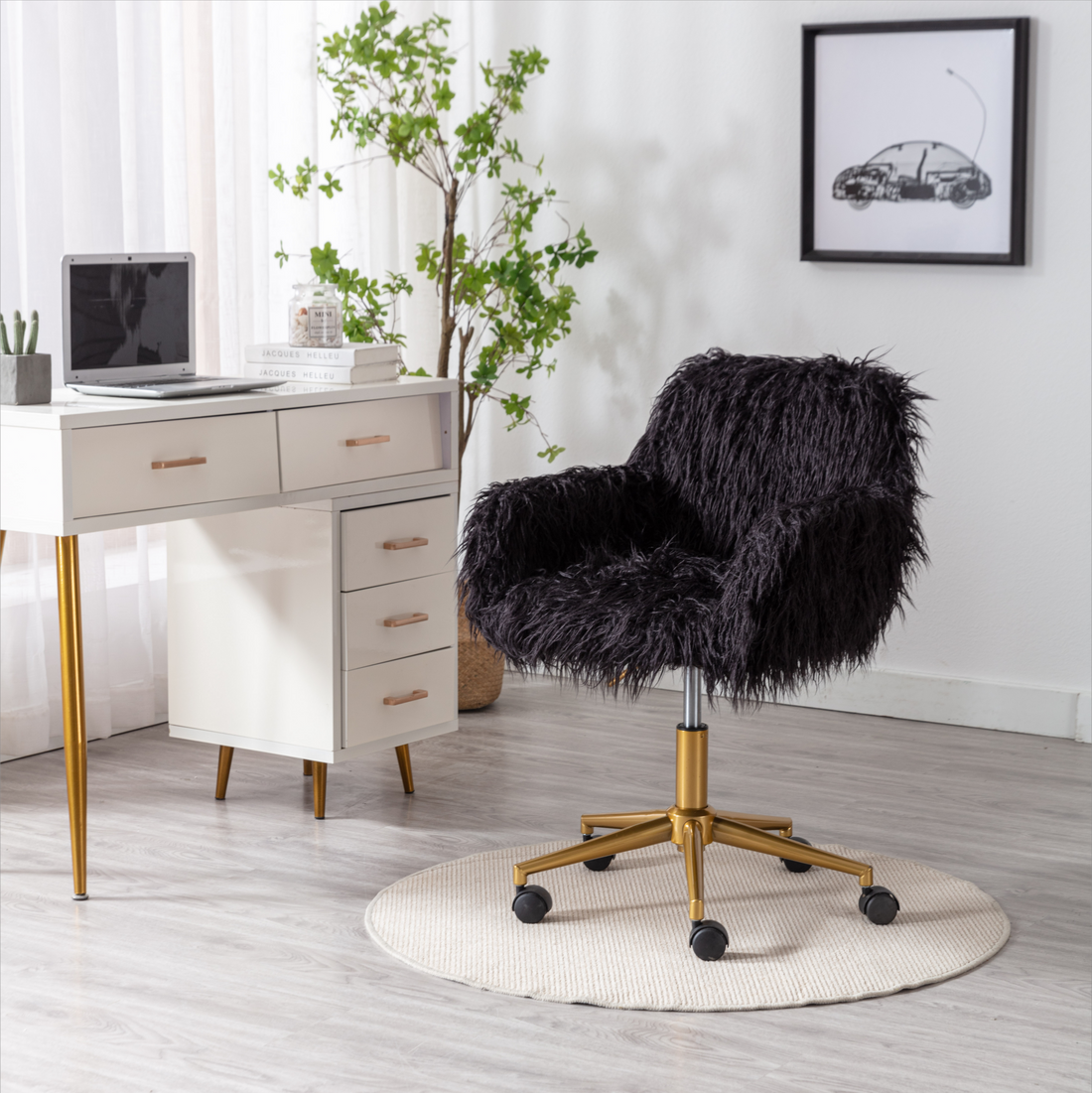 Hengming Modern Faux Fur Home Office Chair, Fluffy Chair For Girls, Makeup Vanity Chair With Gold Plating Base Black Faux Fur