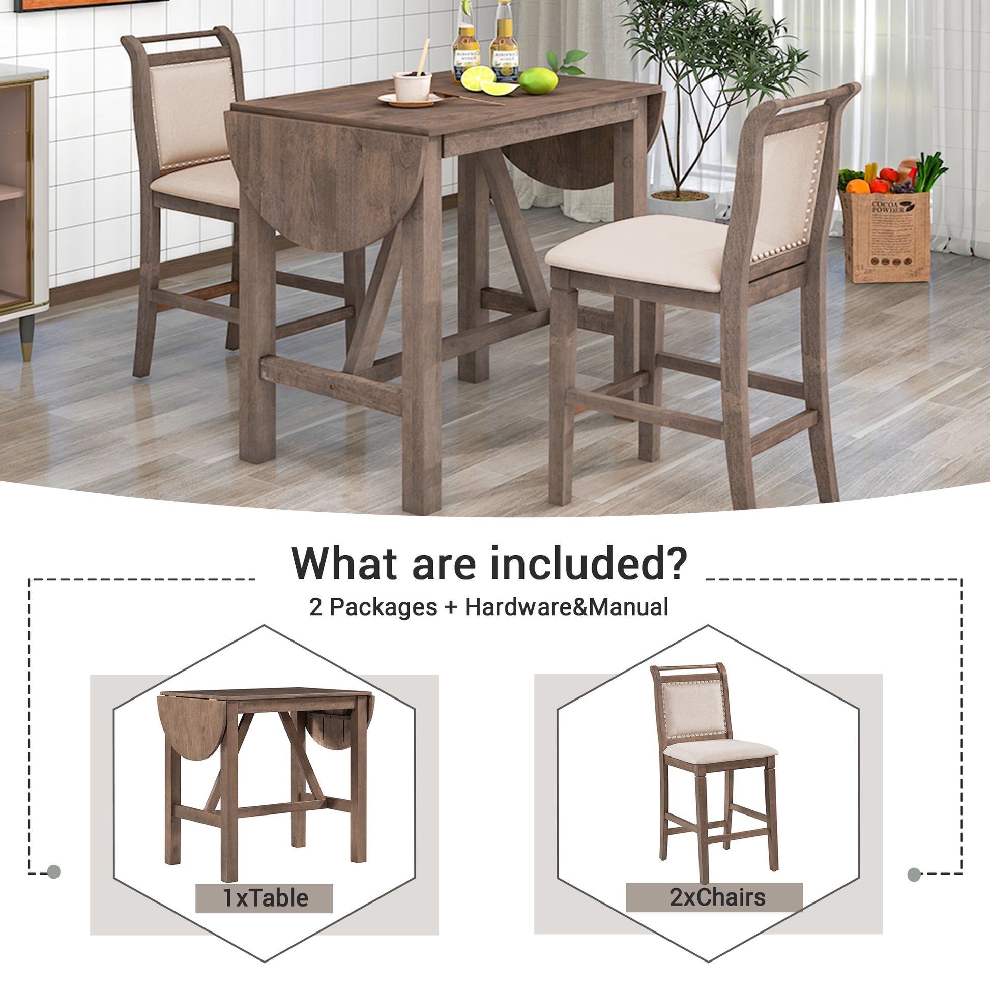 3 Piece Wood Counter Height Drop Leaf Dining Table Set With 2 Upholstered Dining Chairs For Small Place, Brown Brown Wood Dining Room Folding Rubberwood Oval Dining Table With Chair Upholstered Chair Wood Brown Solid Back Seats 2 60 Inches Drop Leaf