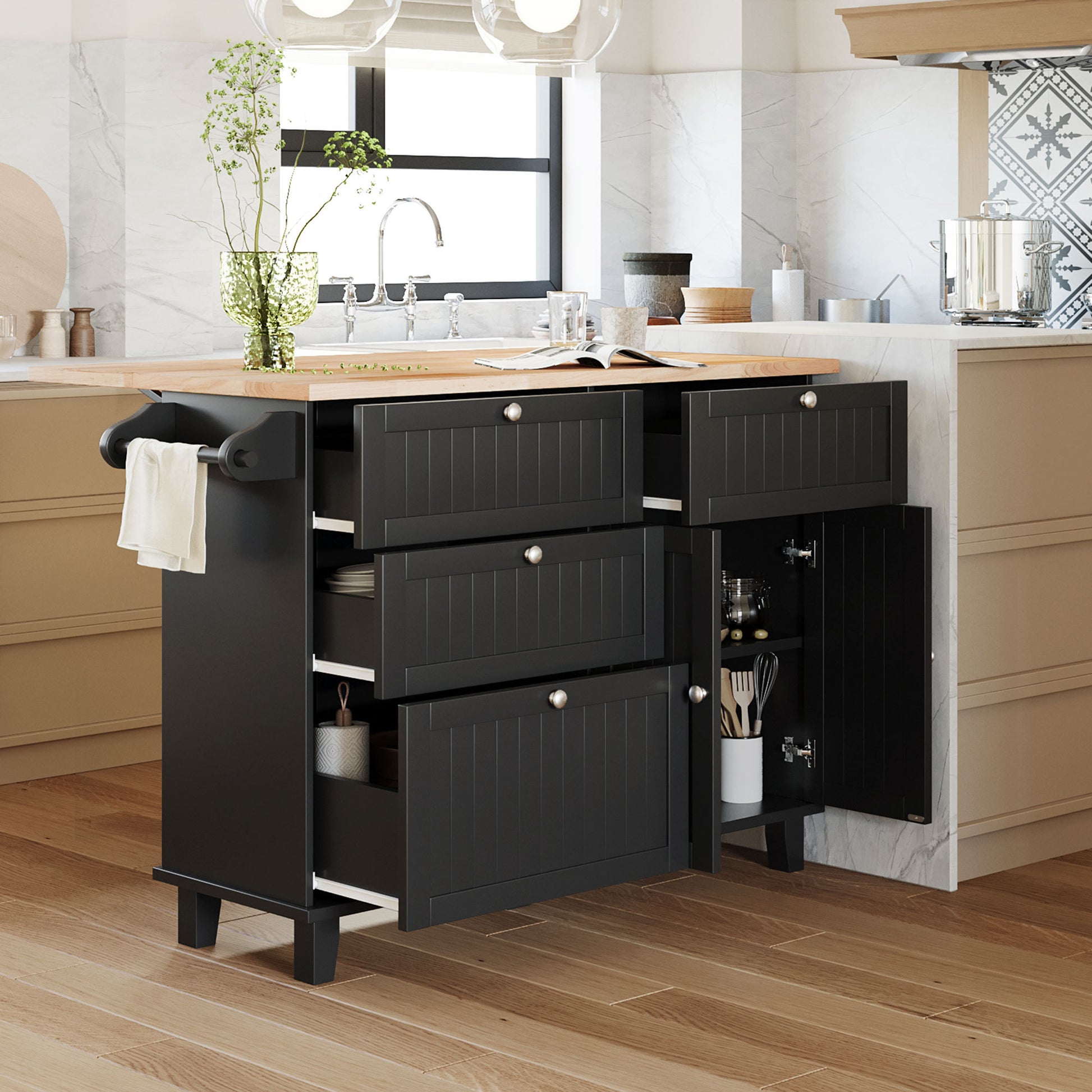 Farmhouse Kitchen Island Set with Drop Leaf and black-kitchen-farmhouse-rectangular-kitchen