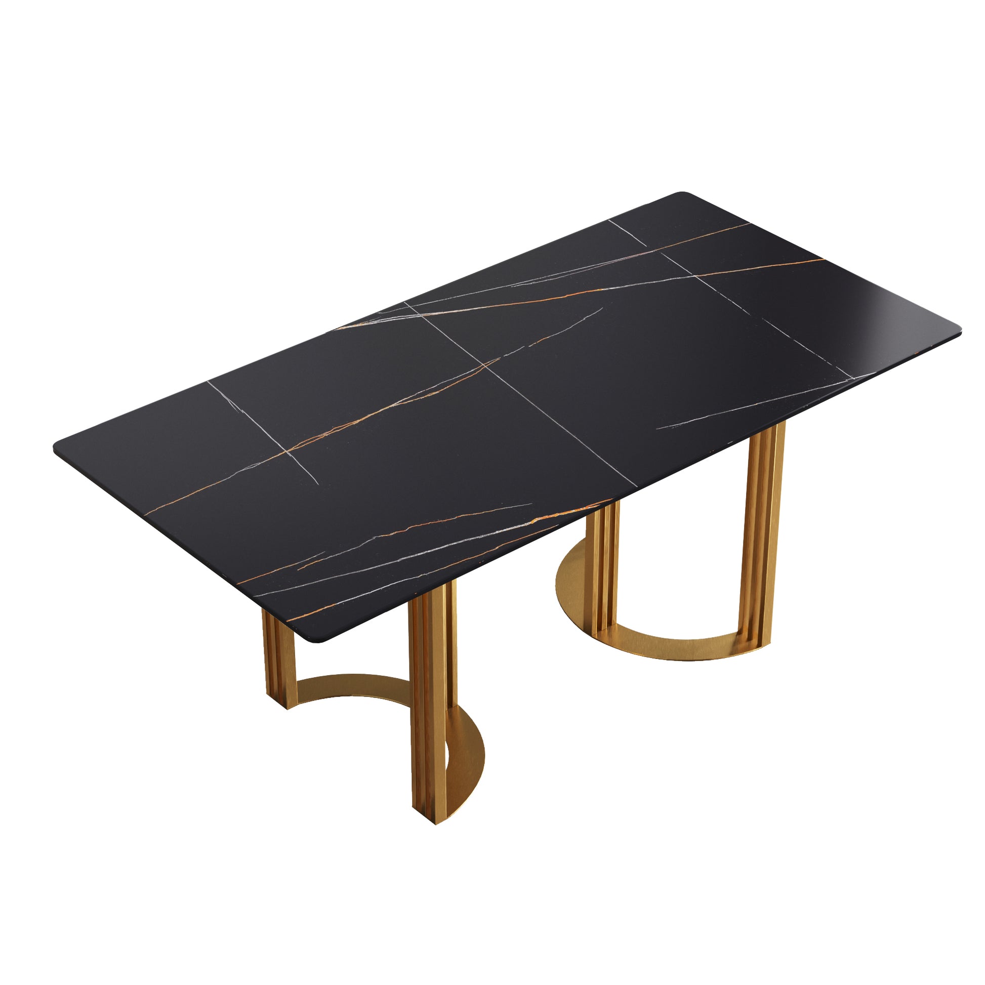 70.87" Modern Artificial Stone White Straight Edge Golden Metal Leg Dining Table Can Accommodate 6 8 People Black Metal Sintered Stone