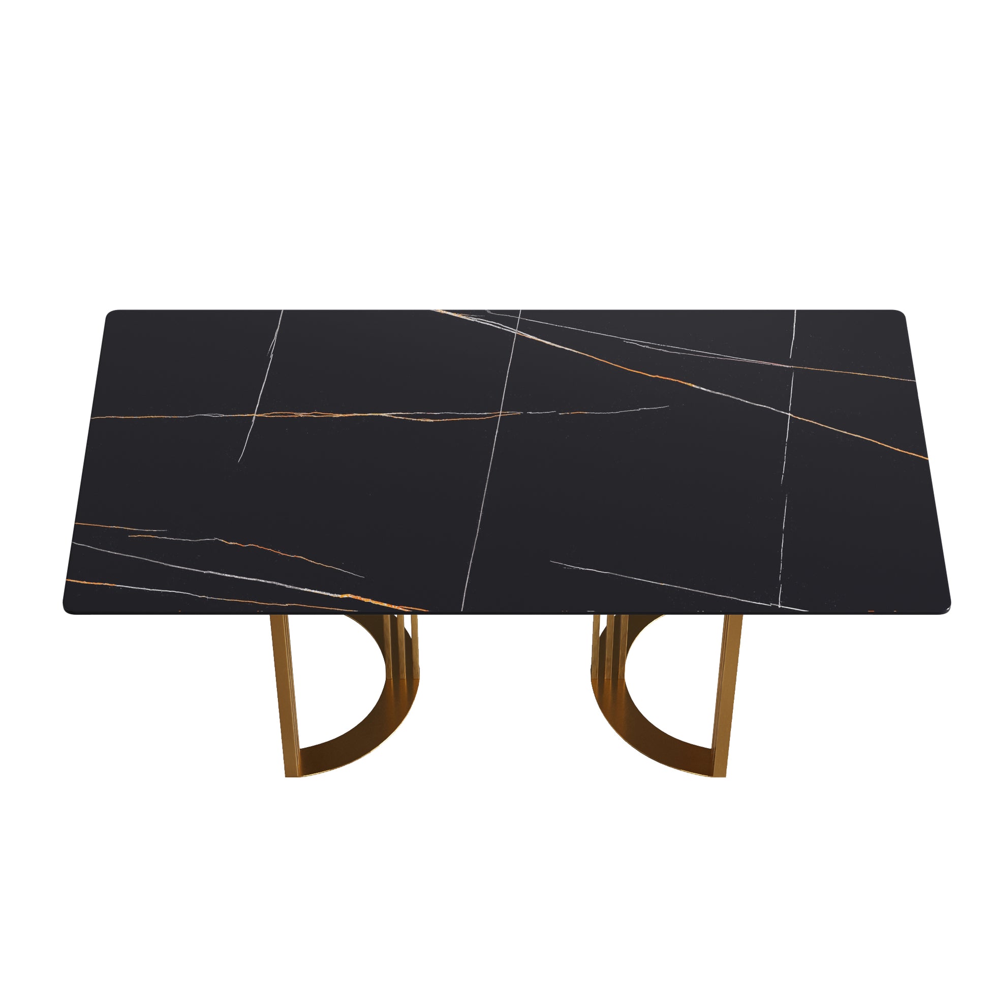 70.87" Modern Artificial Stone White Straight Edge Golden Metal Leg Dining Table Can Accommodate 6 8 People Black Metal Sintered Stone