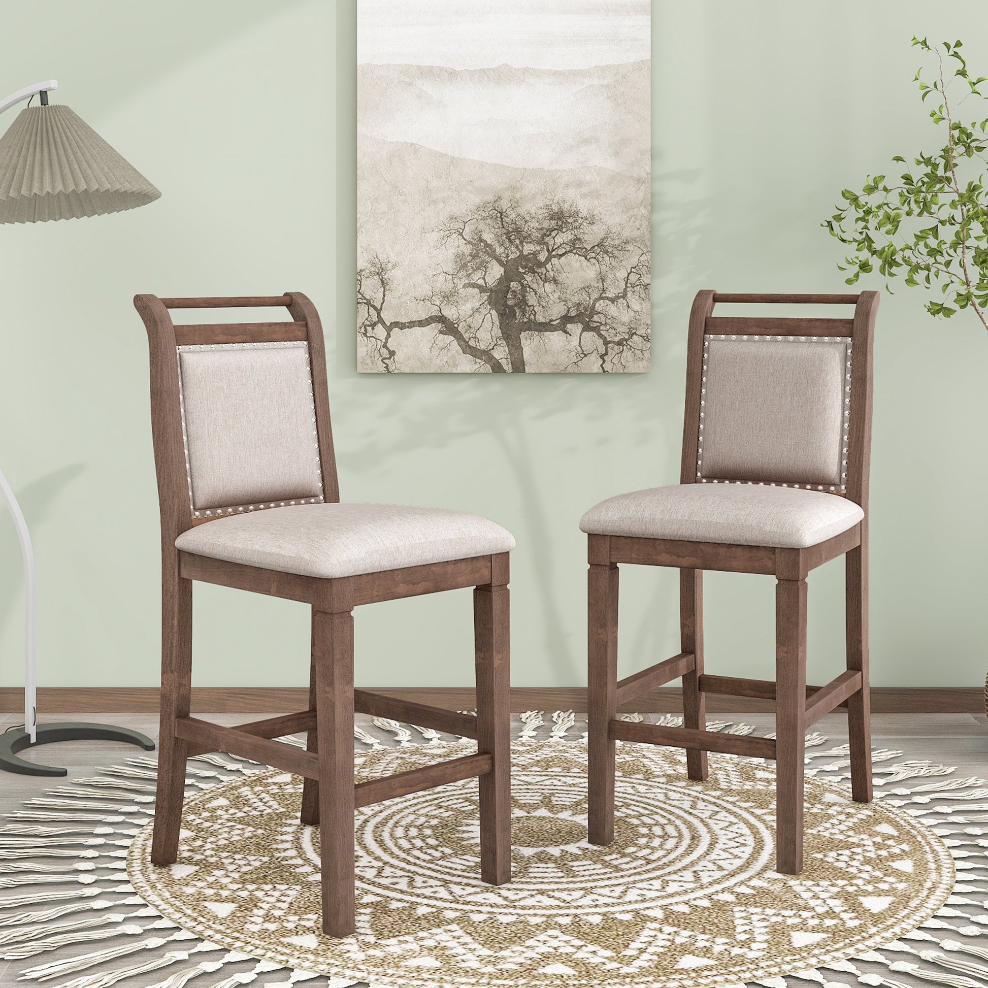 3 Piece Wood Counter Height Drop Leaf Dining Table Set With 2 Upholstered Dining Chairs For Small Place, Brown Brown Wood Dining Room Folding Rubberwood Oval Dining Table With Chair Upholstered Chair Wood Brown Solid Back Seats 2 60 Inches Drop Leaf